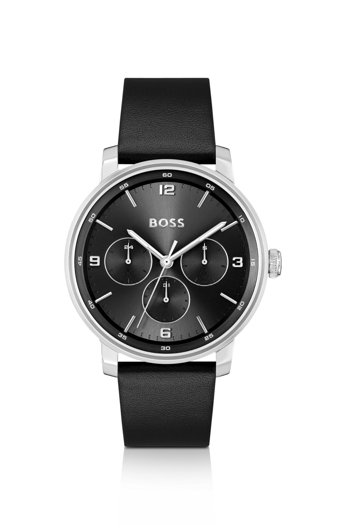 LEATHER-STRAP WATCH WITH BLACK DIAL - 1