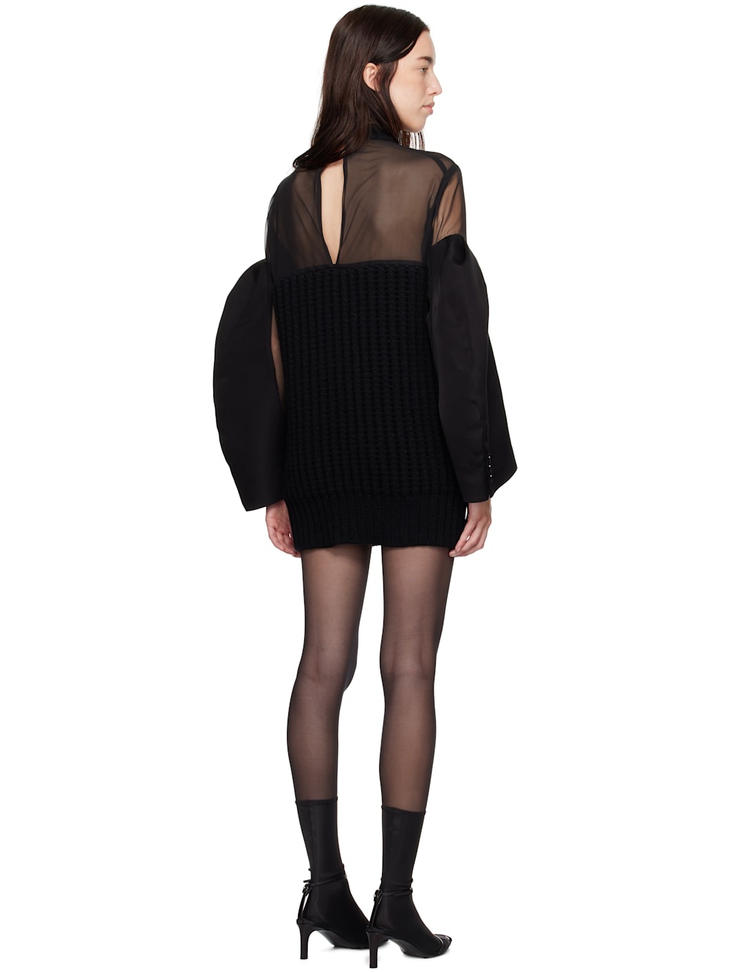 Black Silk Chiffon Mix Knit Minidress - 3