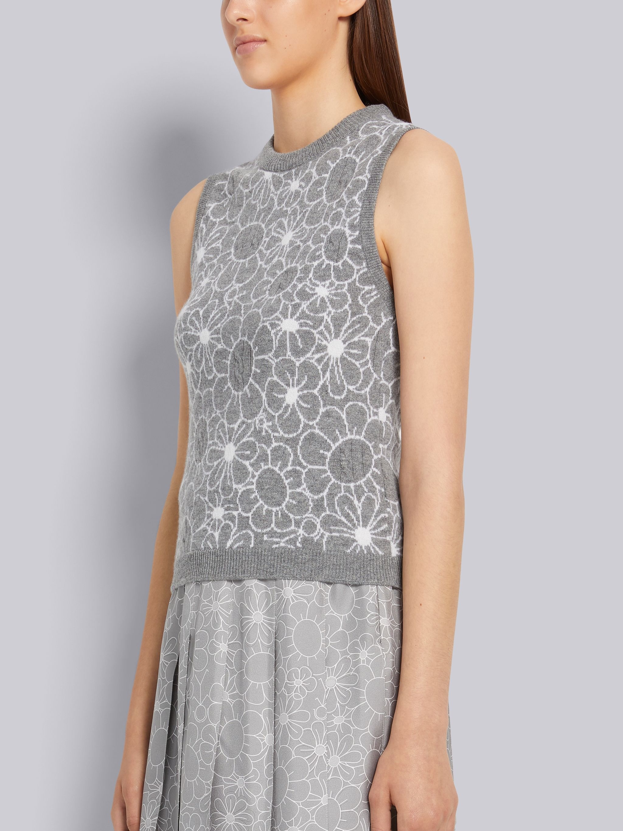Light Grey Cashmere Floral Toile Intarsia Shell Top - 2