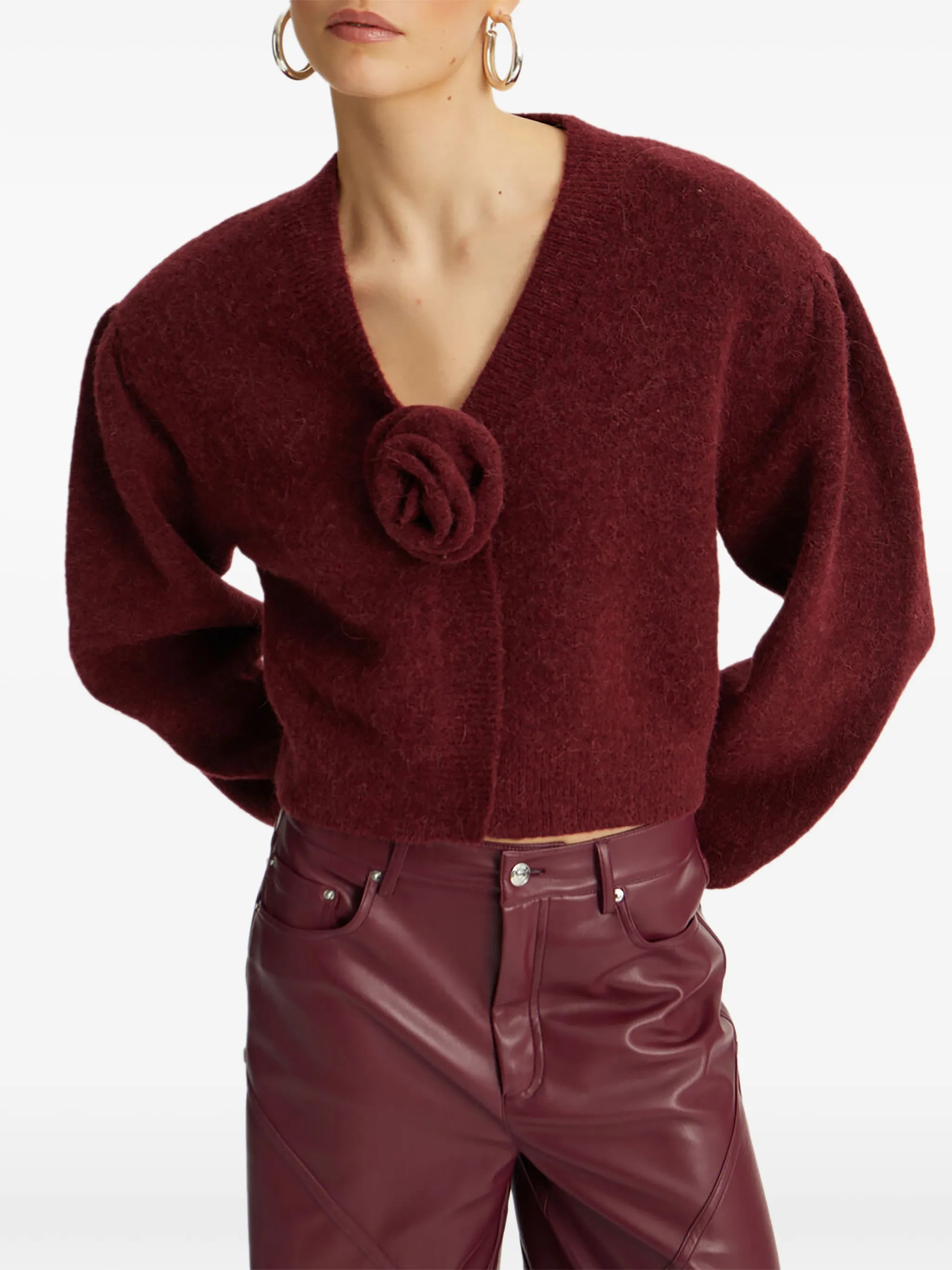 rose-embellished puff-sleeve cardigan - 4