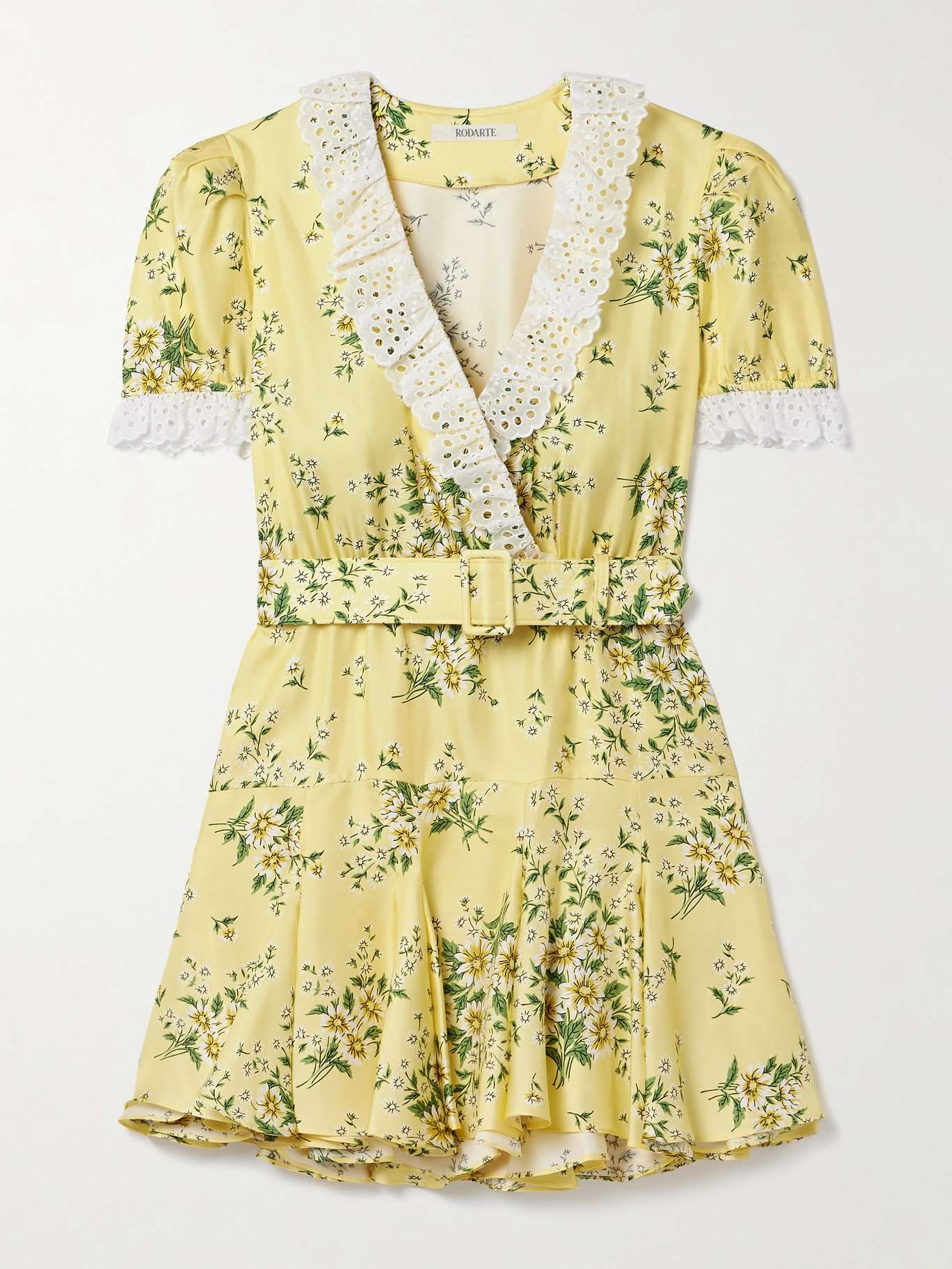 Belted broderie anglaise cotton-trimmed floral-print silk-twill mini dress Yellow - 1