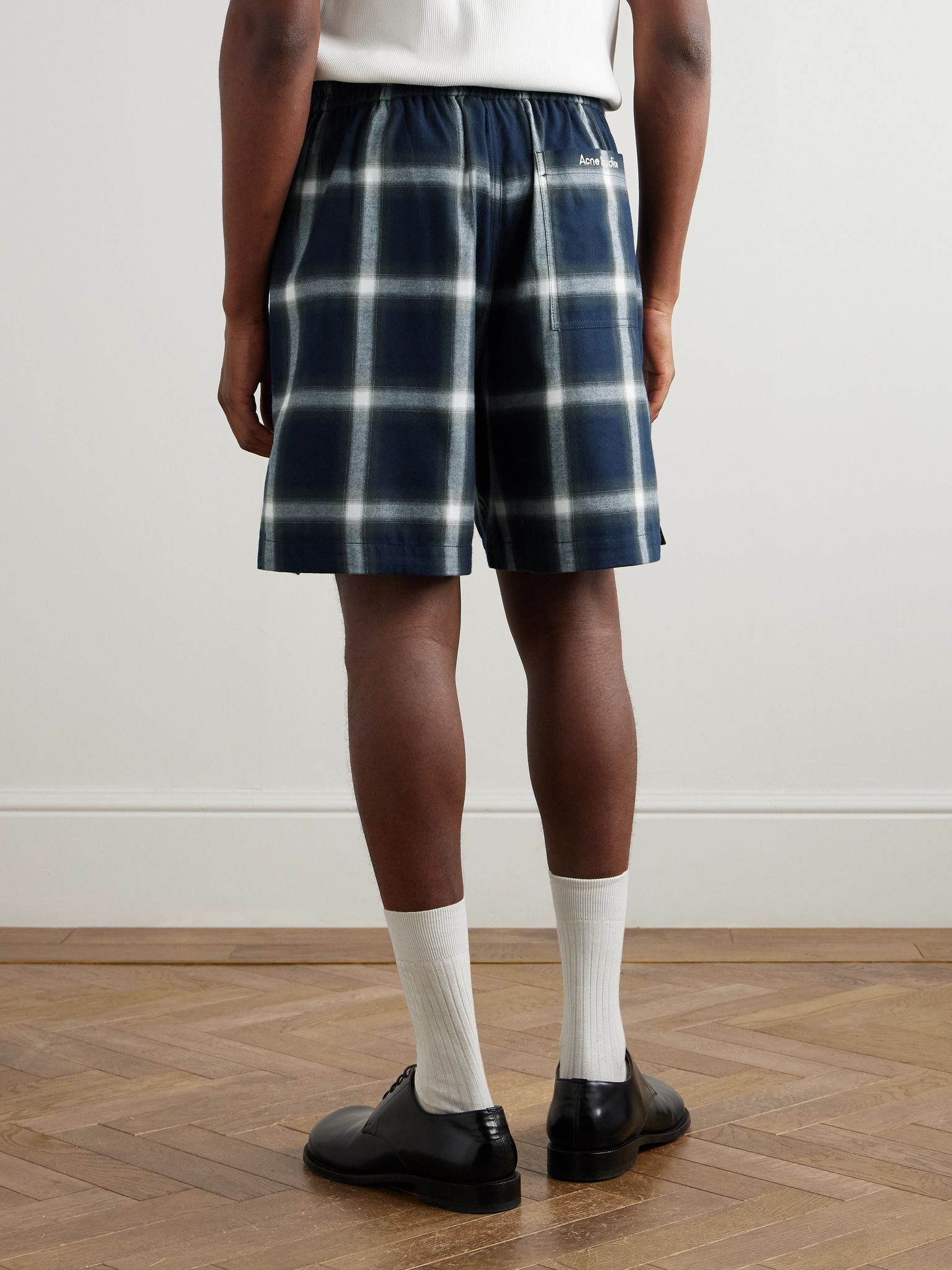Rannel Straight-Leg Checked Cotton-Flannel Drawstring Shorts Navy - 4