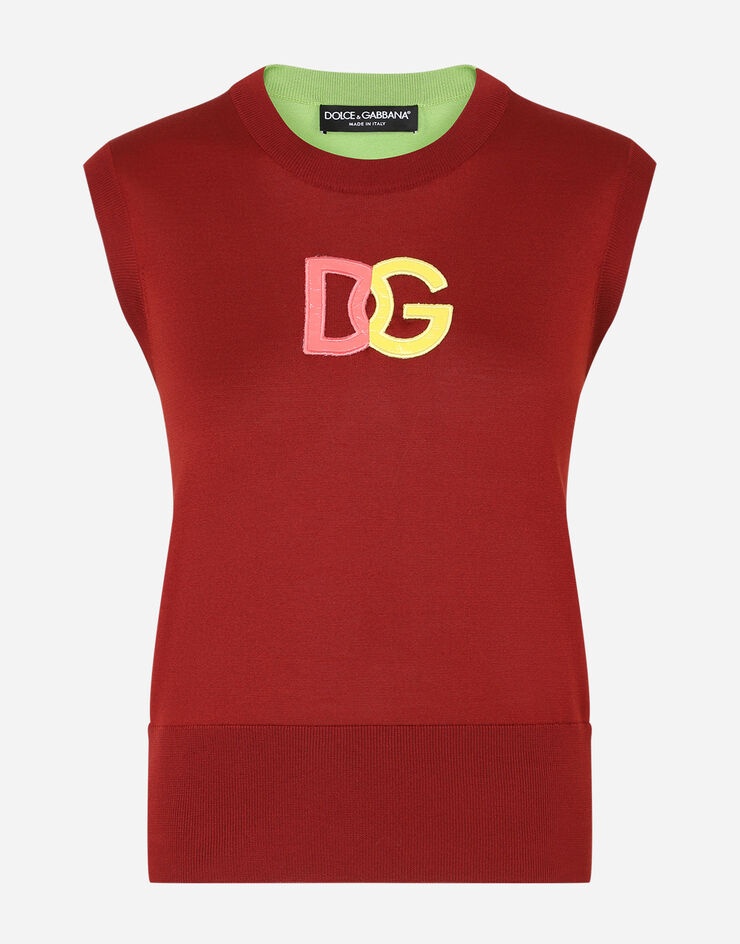 Sleeveless multi-colored silk sweater with patent leather DG patch - 3