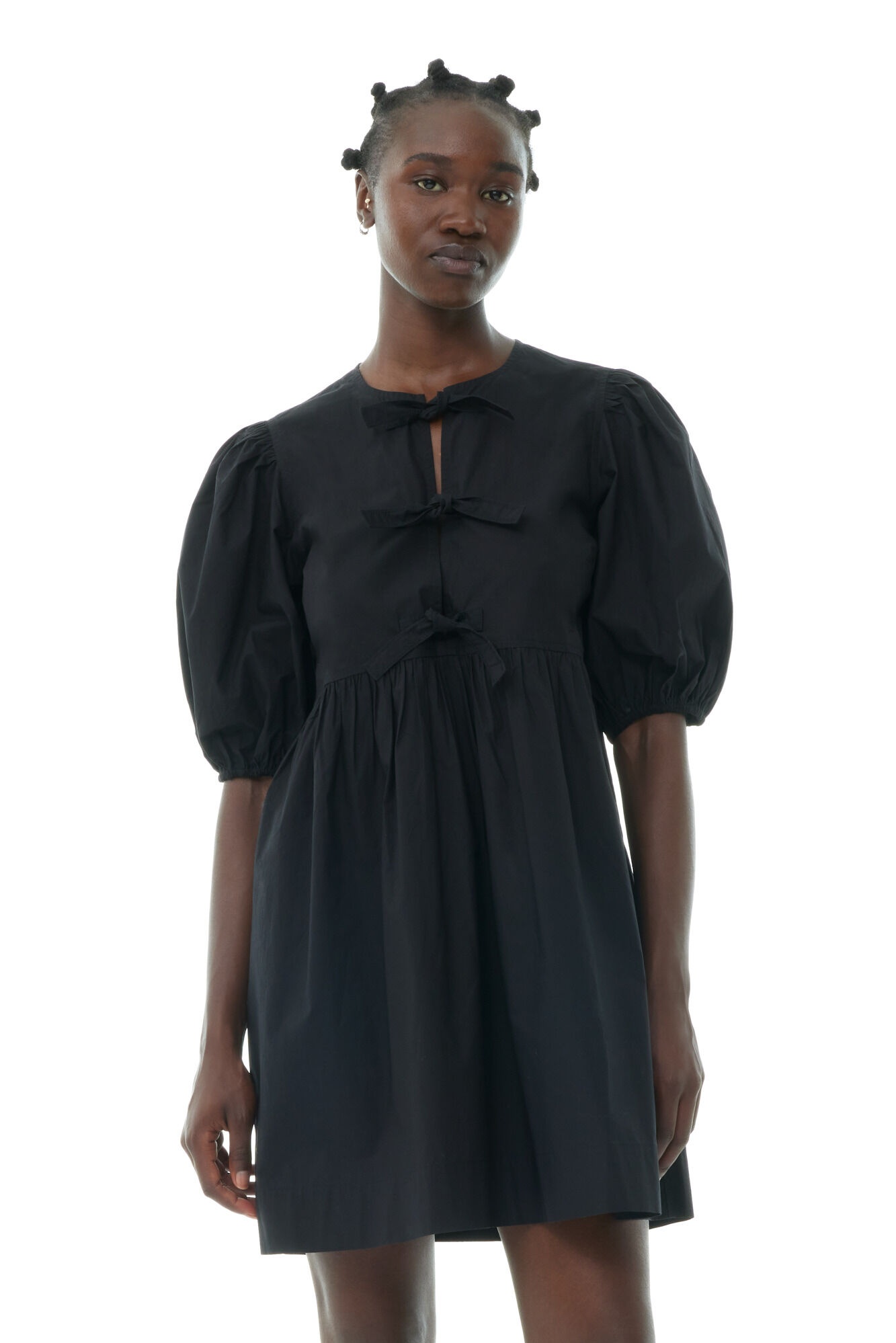 【送料関税込】GANNI Puff Sleeve Mini Dress Bright White White Cotton Poplin Tie String Mini Dress