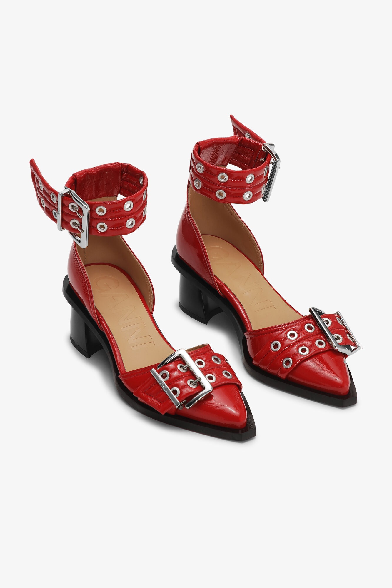 RED FEMININE BUCKLE OPEN CUT PUMPS - 2
