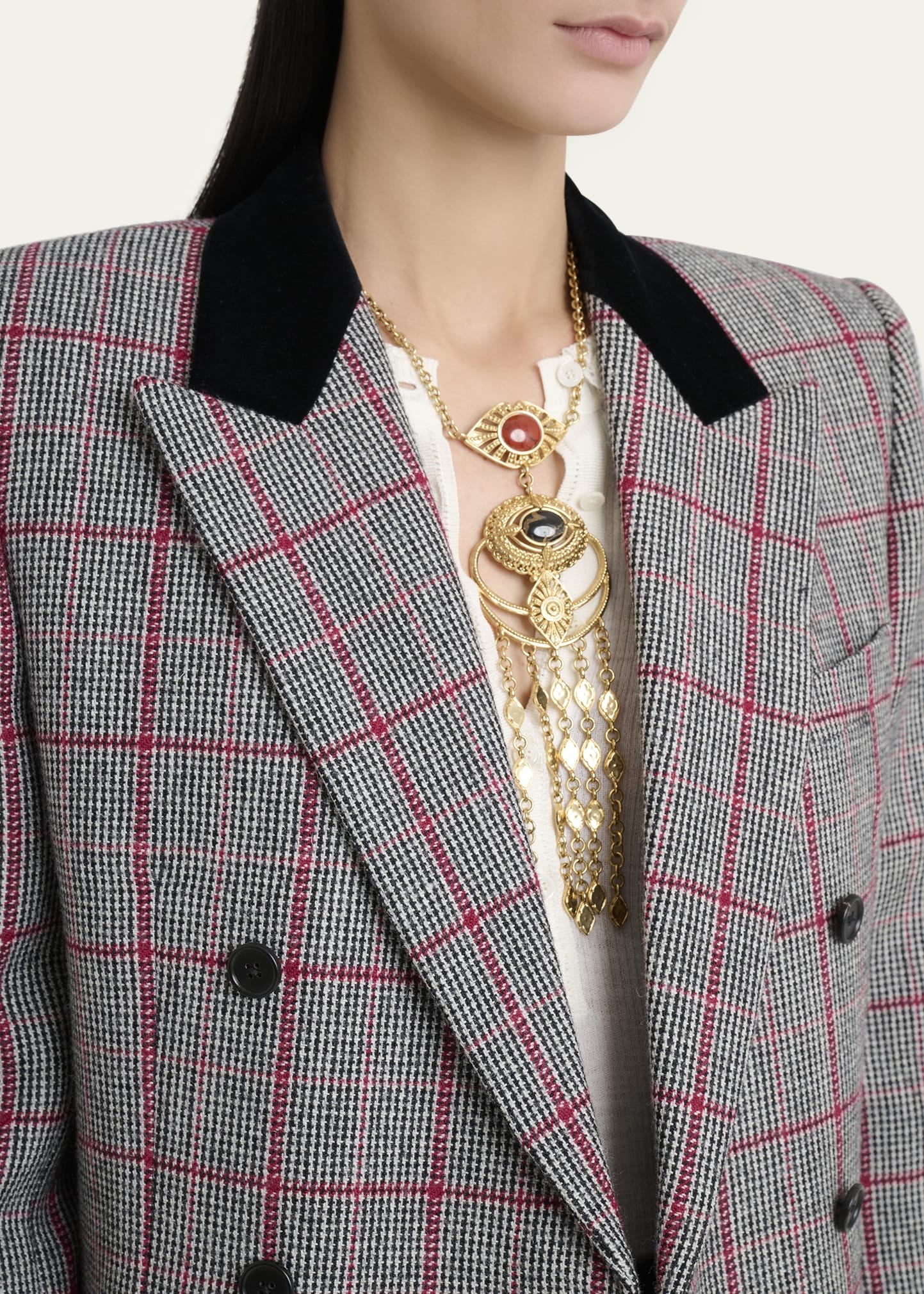 Check Wool Velvet-Trim Double-Breasted Jacket - 5