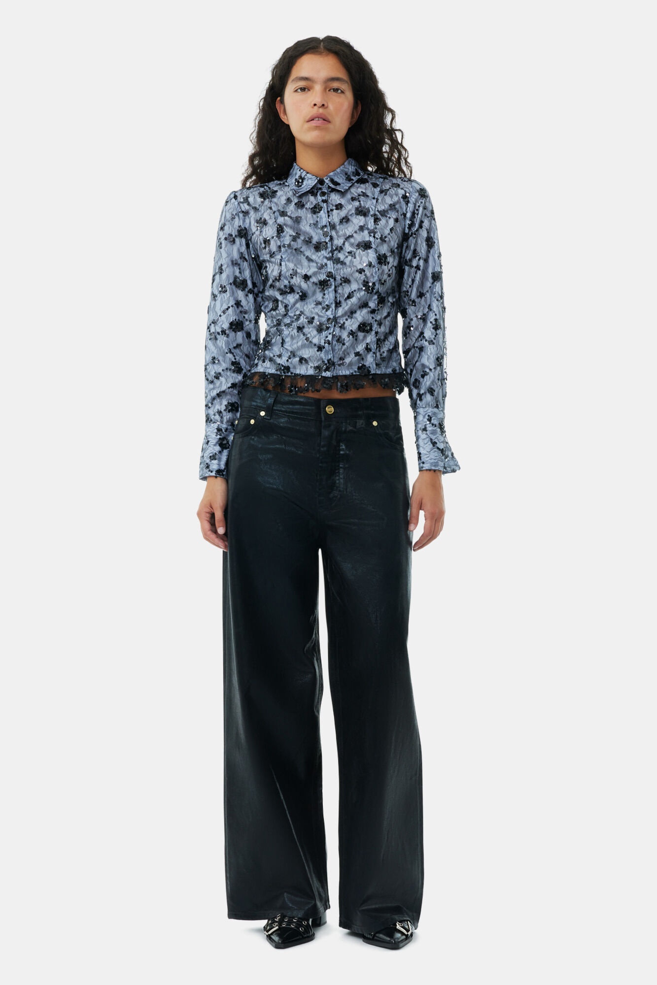 BLACK FOIL DENIM WIDE JEANS - 2