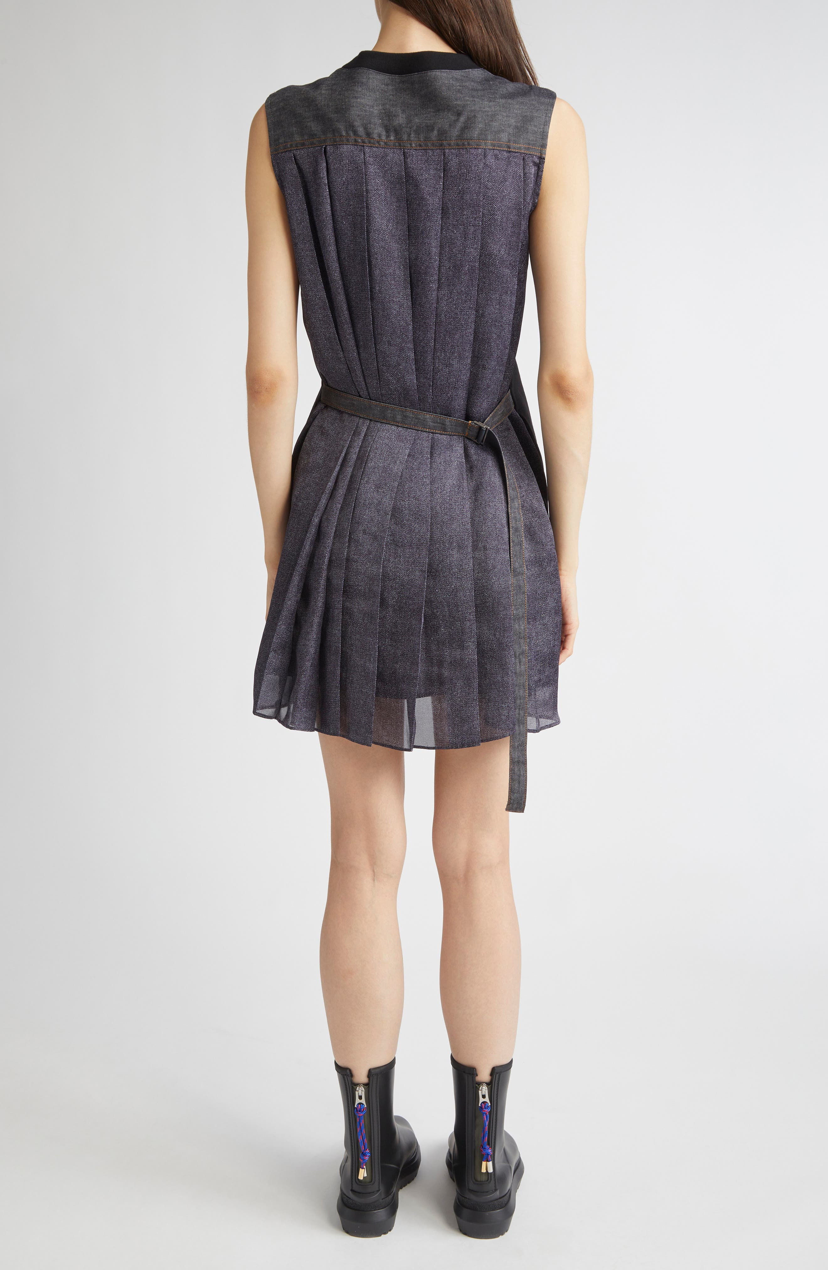 Sacai Mixed Media Cotton Jersey & Denim Minidress in Black/Indigo at Nordstrom - 2