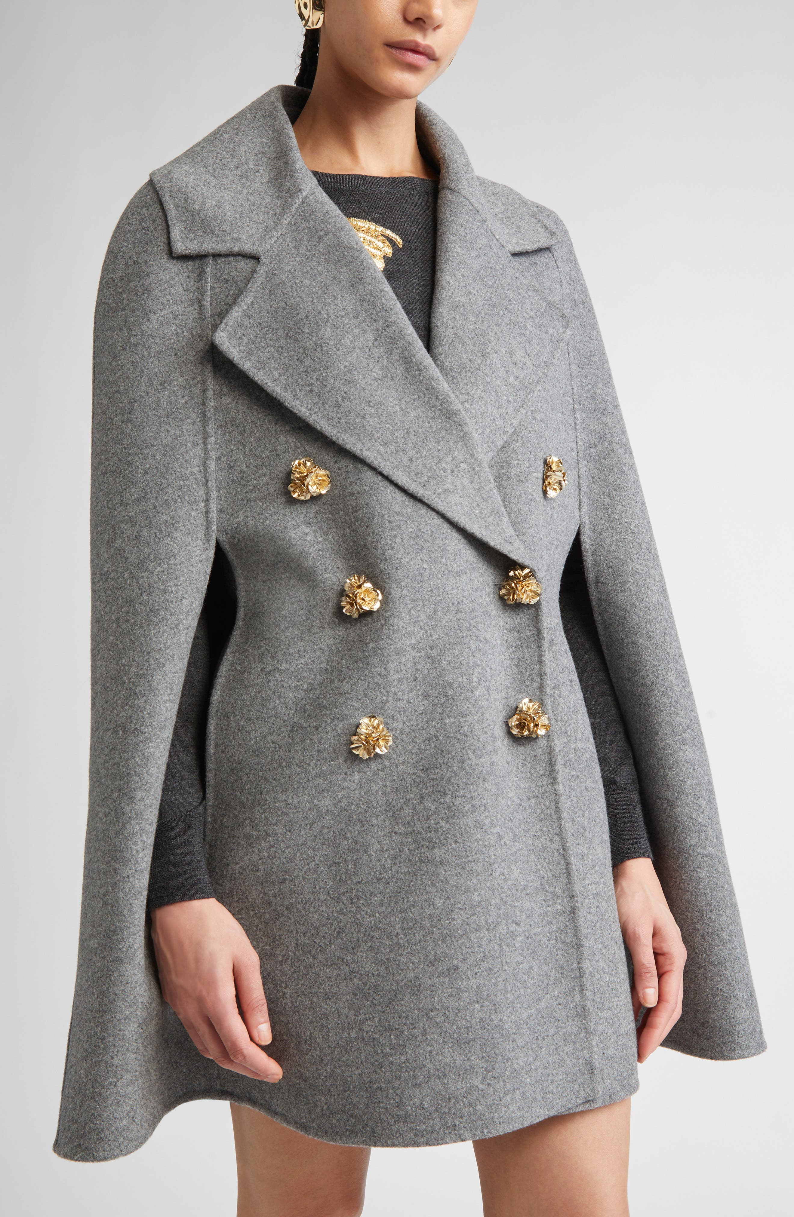 Carolina Herrera Double Face Virgin Wool Peacoat Cape in Melange Grey at Nordstrom - 4