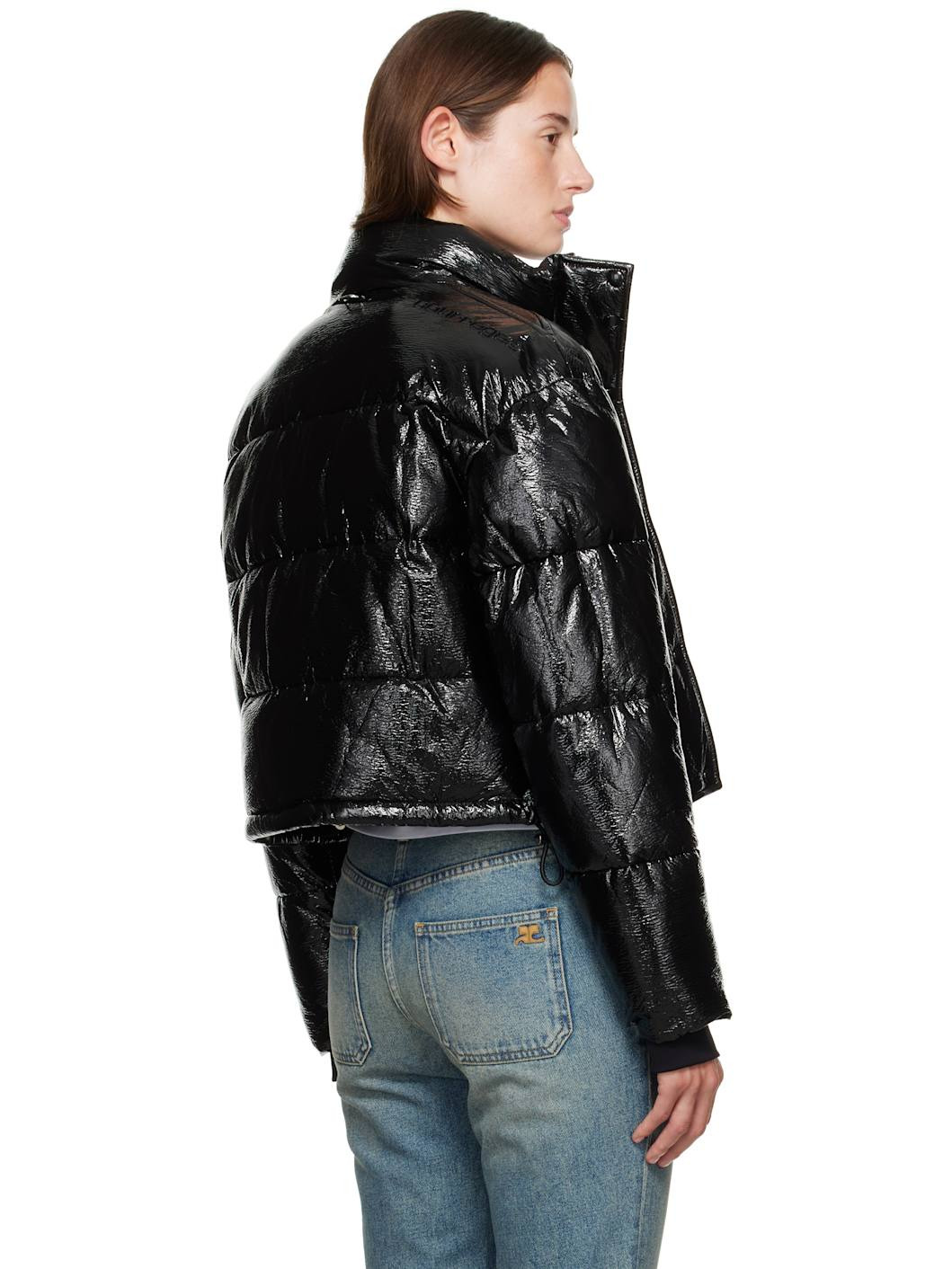 Black Cropped Vinyl Puffer Jacket - 3