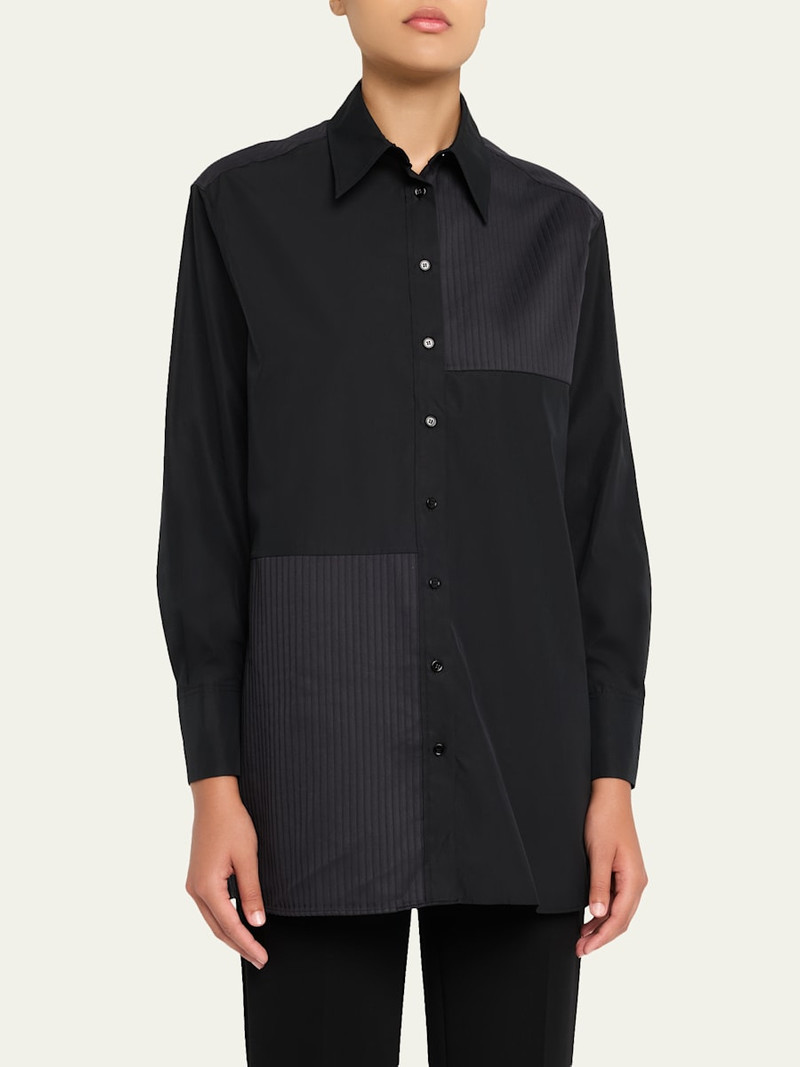 AKRIS Stitched Pleats Inset Cotton Poplin Oversized Shirt outlook