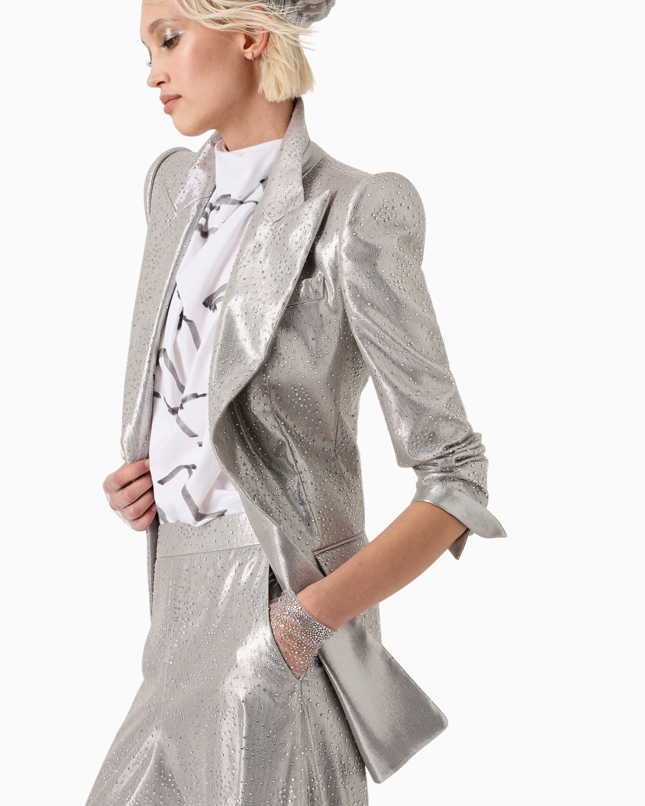 Long single-breasted jacket in silk and tulle with rhinestone embroidery - 7