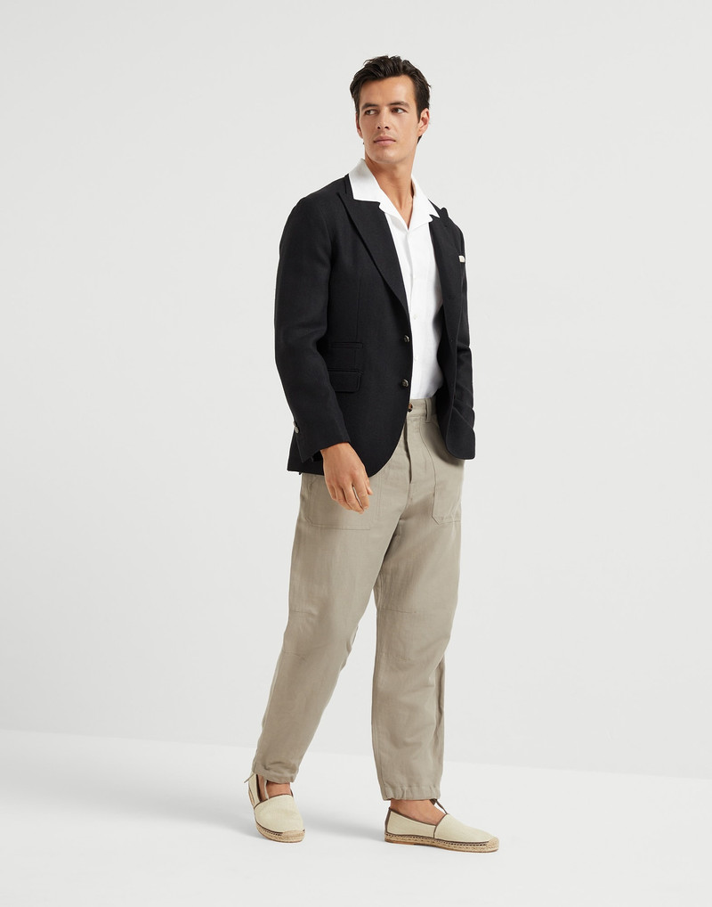 Linen and cotton drill relaxed fit trousers with patch pockets and drawstring 4