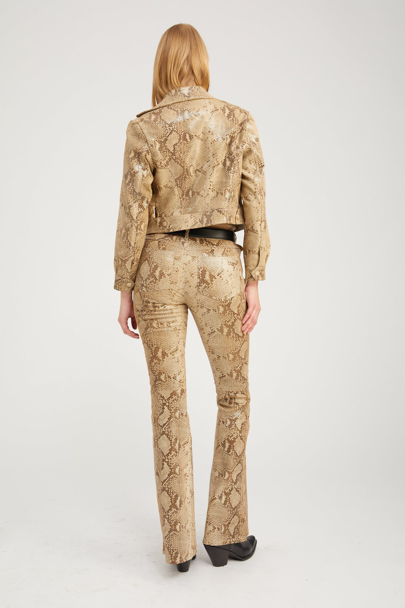 BEIGE PYTHON LEATHER 5 POCKET MICRO FLARE PANTS - 4