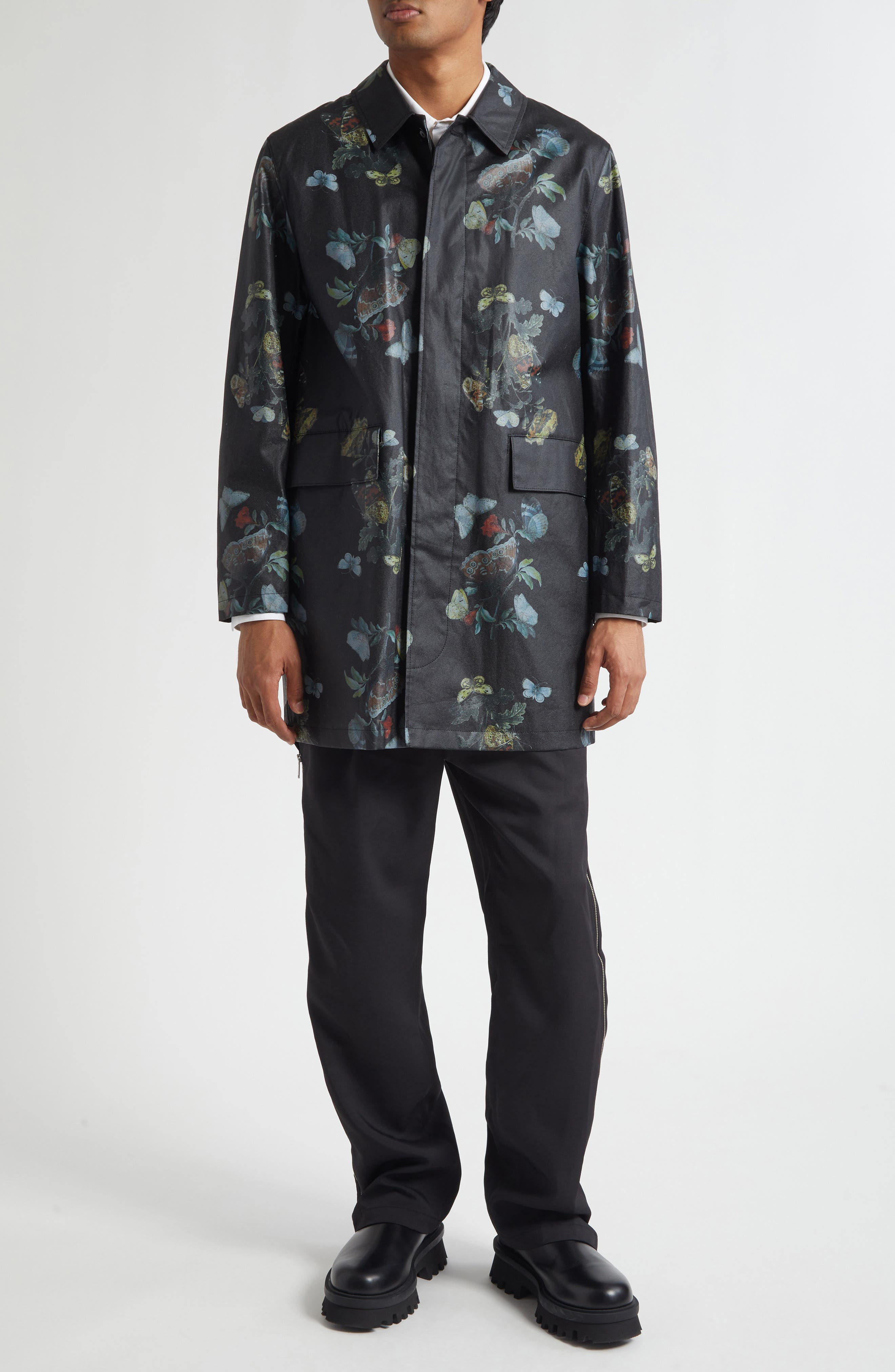 Undercover Floral Water Resistant Oiled Cotton Coat in Black Base at Nordstrom - 2