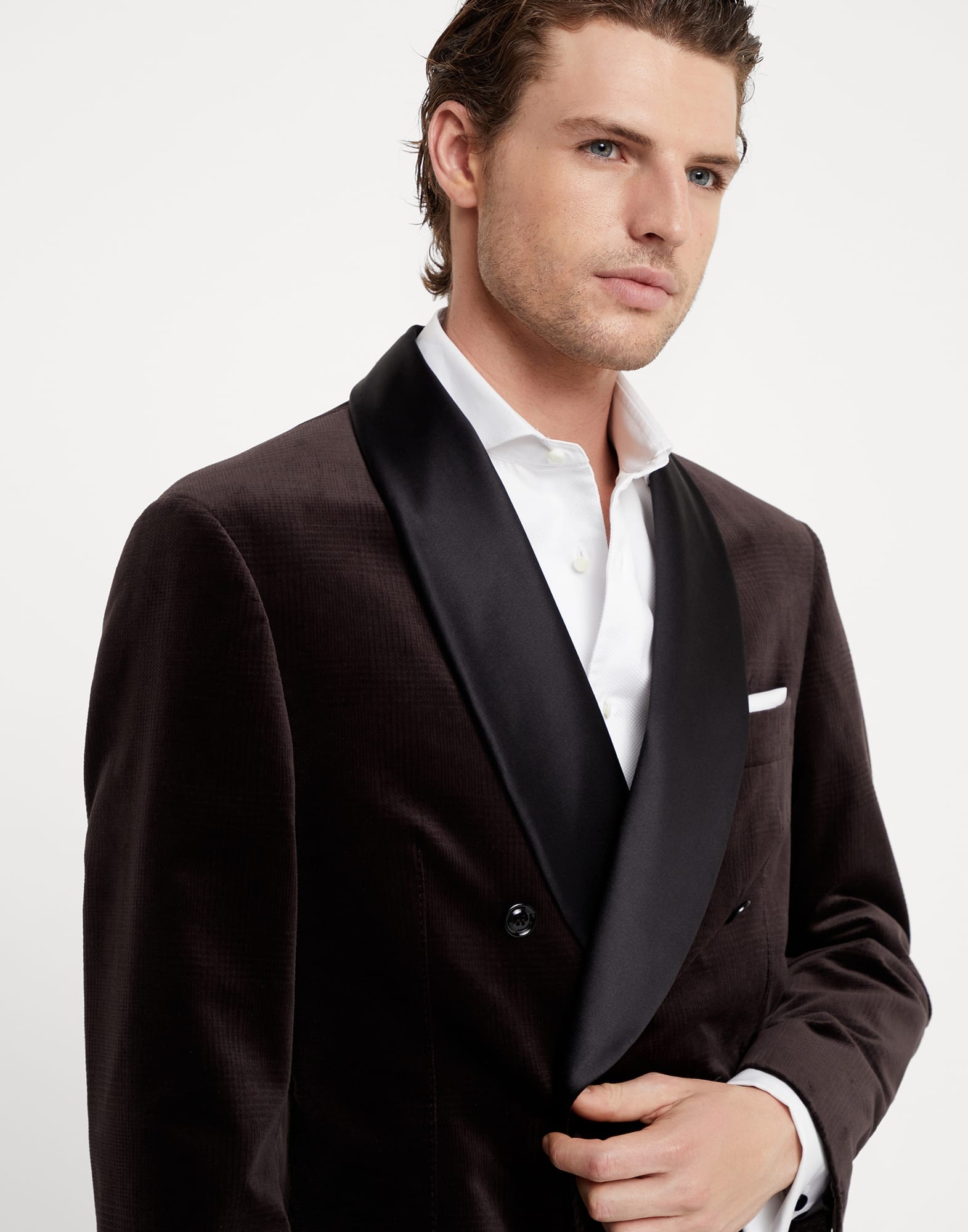 Cotton Prince of Wales velvet one-and-a-half breasted tuxedo jacket with shawl lapels - 3