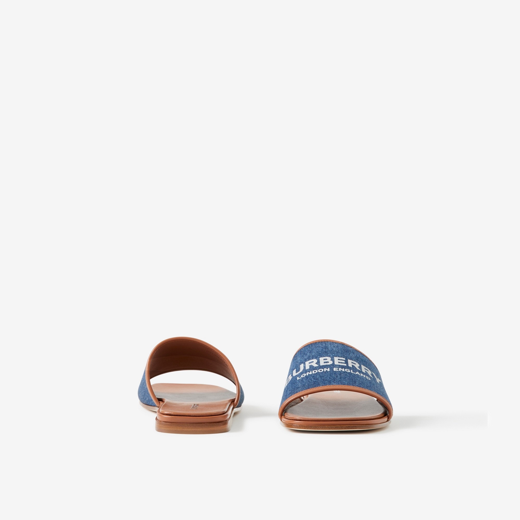 Label Print Denim and Leather Slides - 4