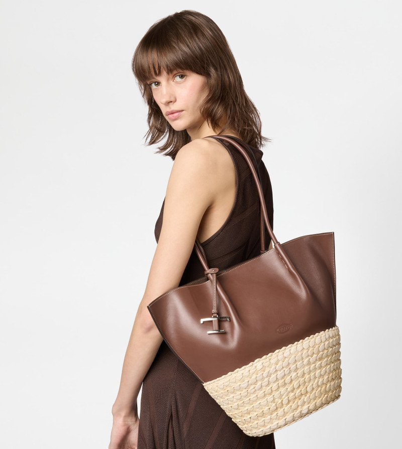 Tod's SHOPPING BAG IN STRAW AND LEATHER MEDIUM - BROWN, NATURAL outlook