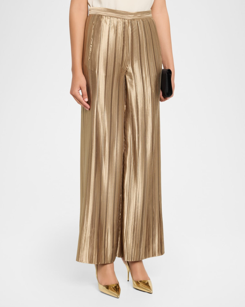 Metallic Plisse Satin Wide-Leg Pants 4