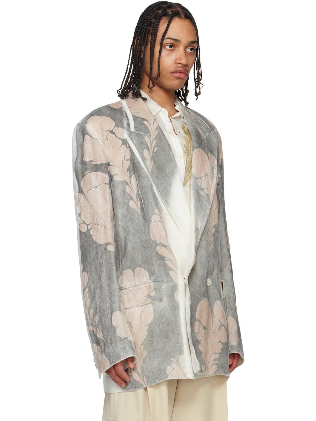 Gray & White Hand Printed Blazer - 2