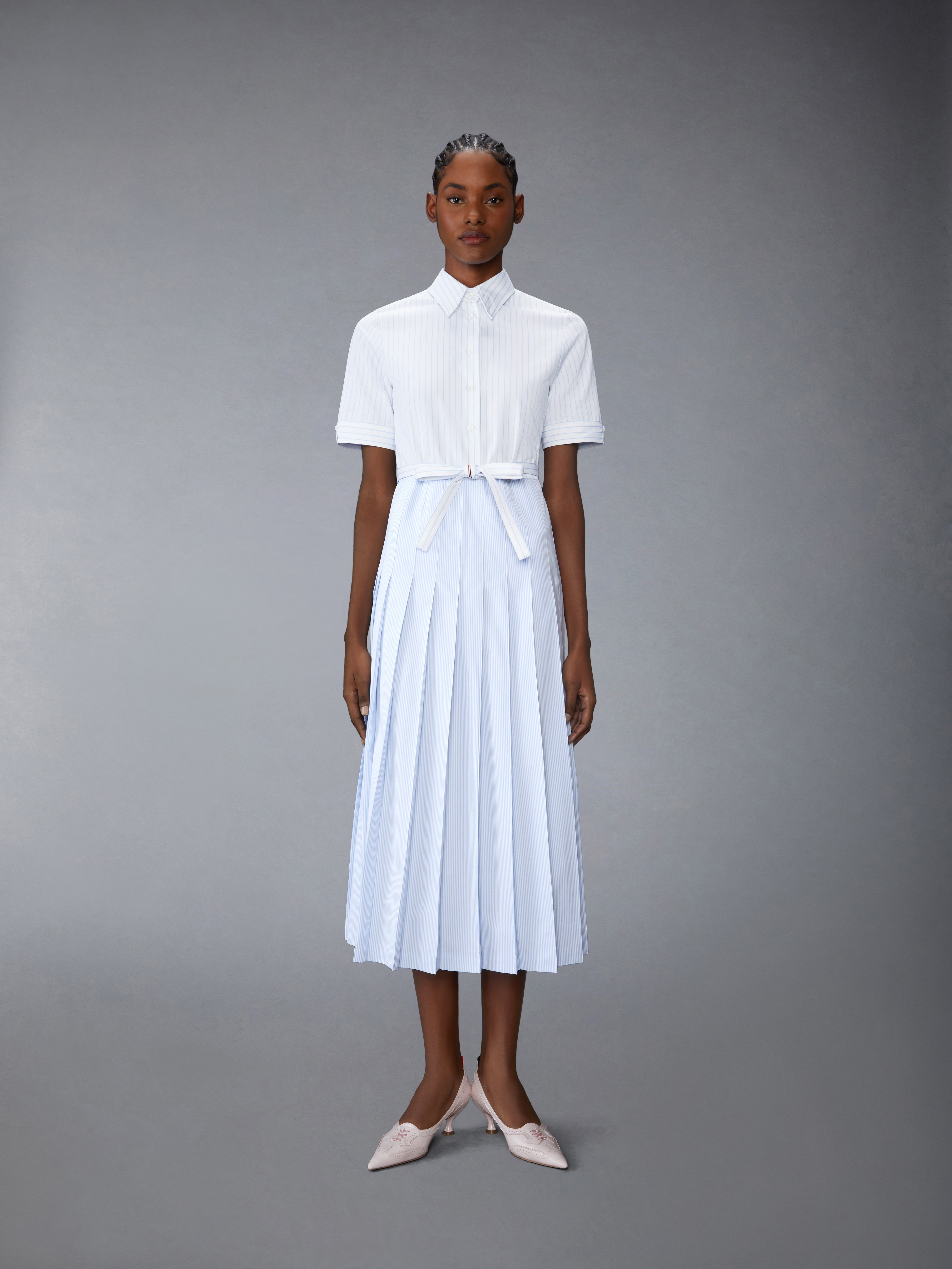 PINSTRIPE POPLIN BELTED PLEATED SHIRTDRESS - 2