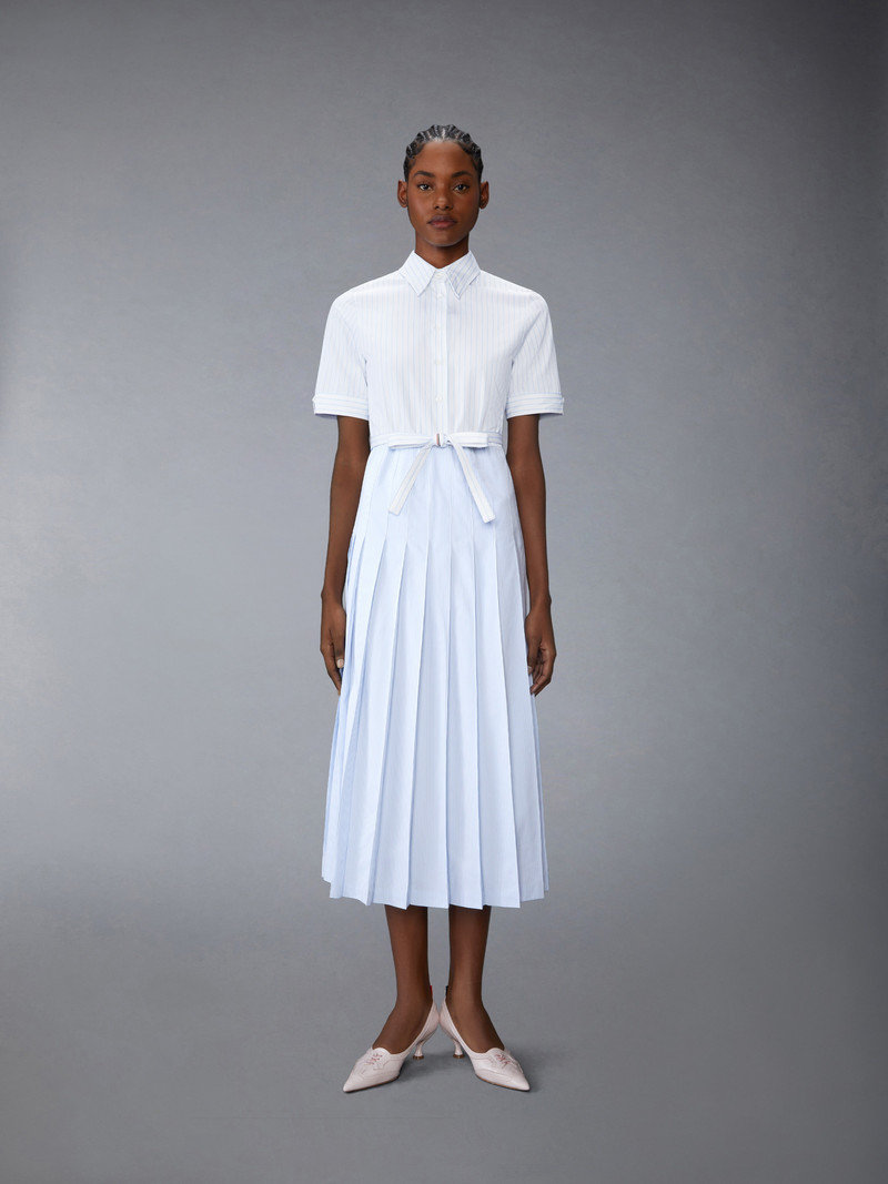 Thom Browne PINSTRIPE POPLIN BELTED PLEATED SHIRTDRESS outlook