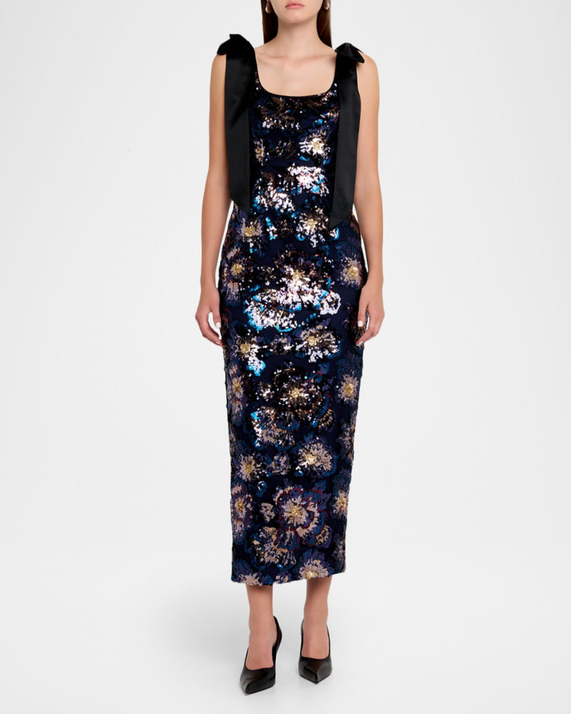 MILLY Kyle Satin Bow Sequin Column Midi Dress outlook