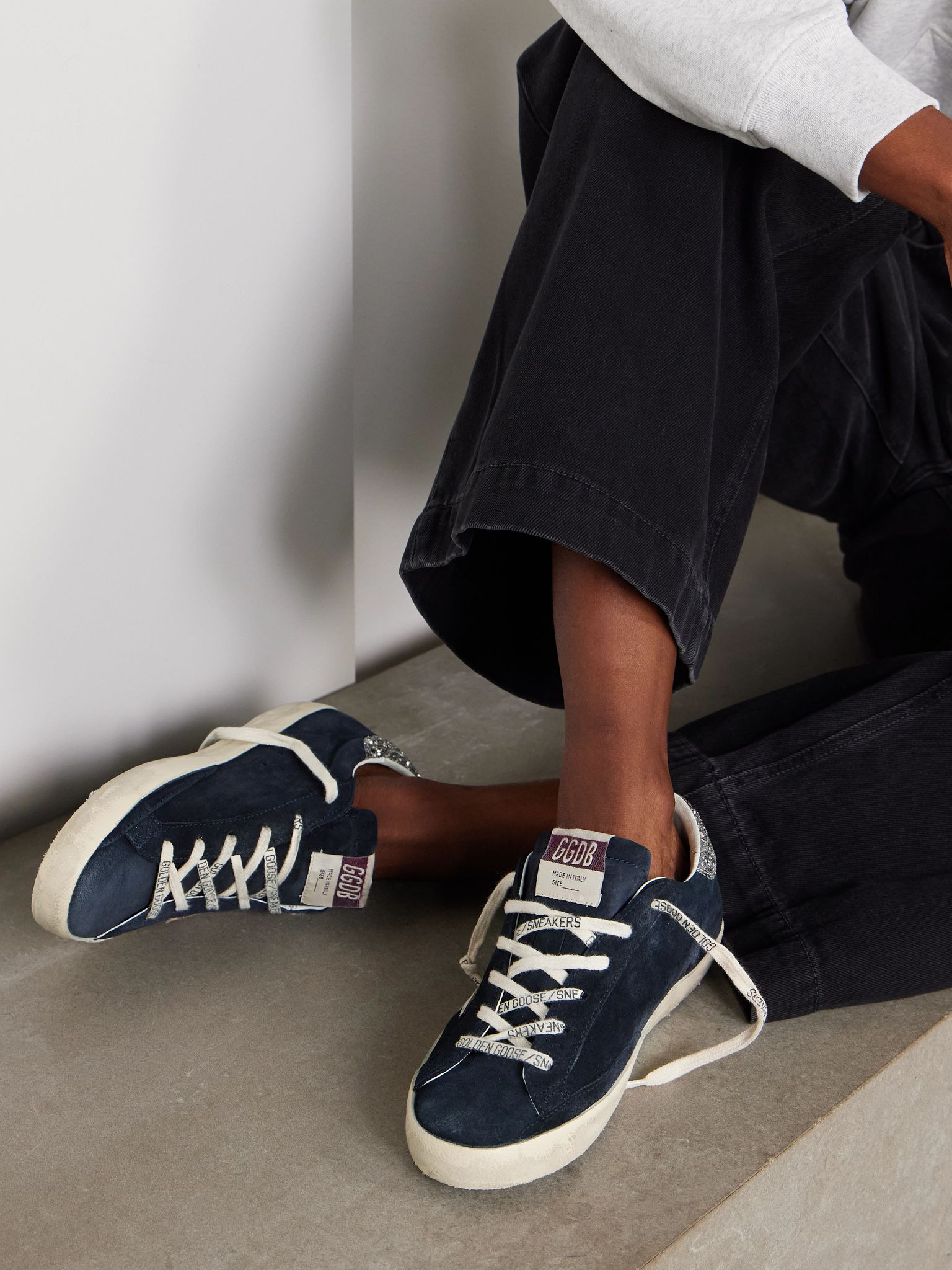 Super-Star distressed glittered leather-trimmed suede sneakers Navy - 2