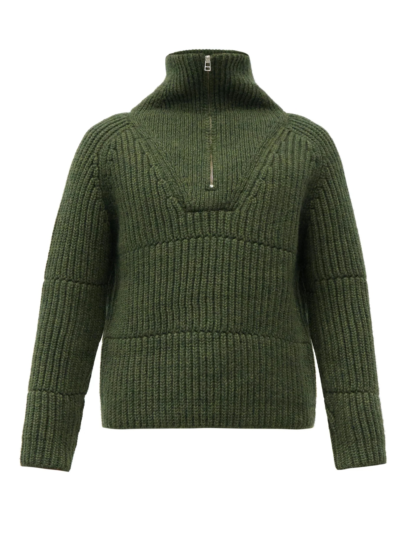 Olive half-zip ribbed wool-blend sweater - 1