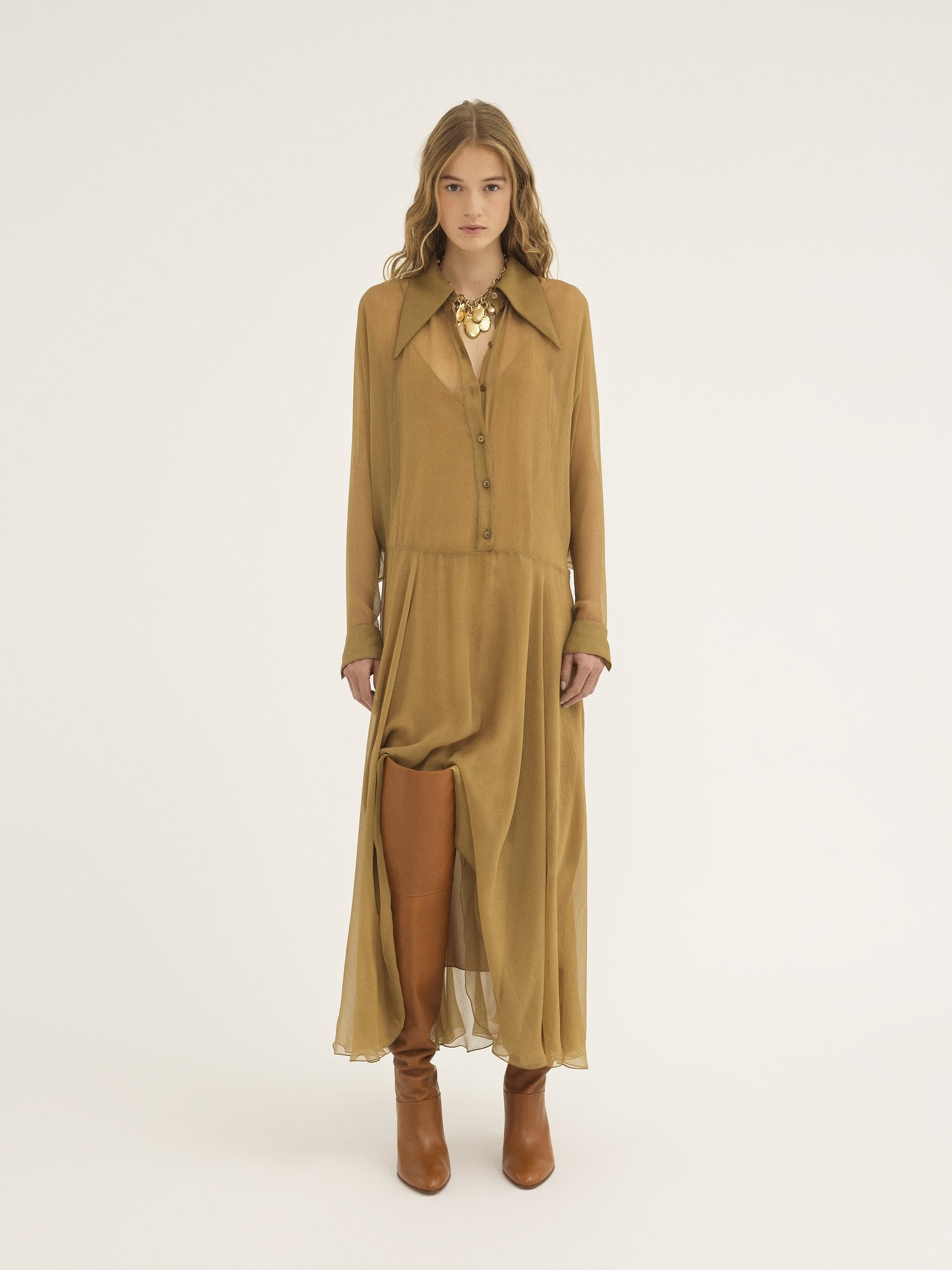 FLUID LONG SHIRT DRESS IN SILK MOUSSELINE - 3