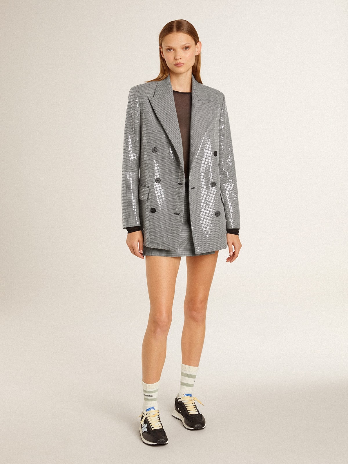 Double-breasted wool boyfriend jacket in micro houndstooth and sequins - 3