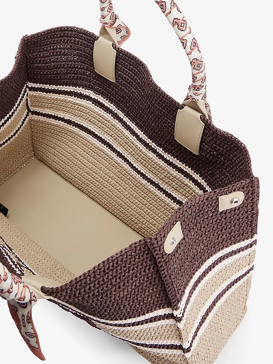 Brand-embroidered striped raffia tote bag - 4