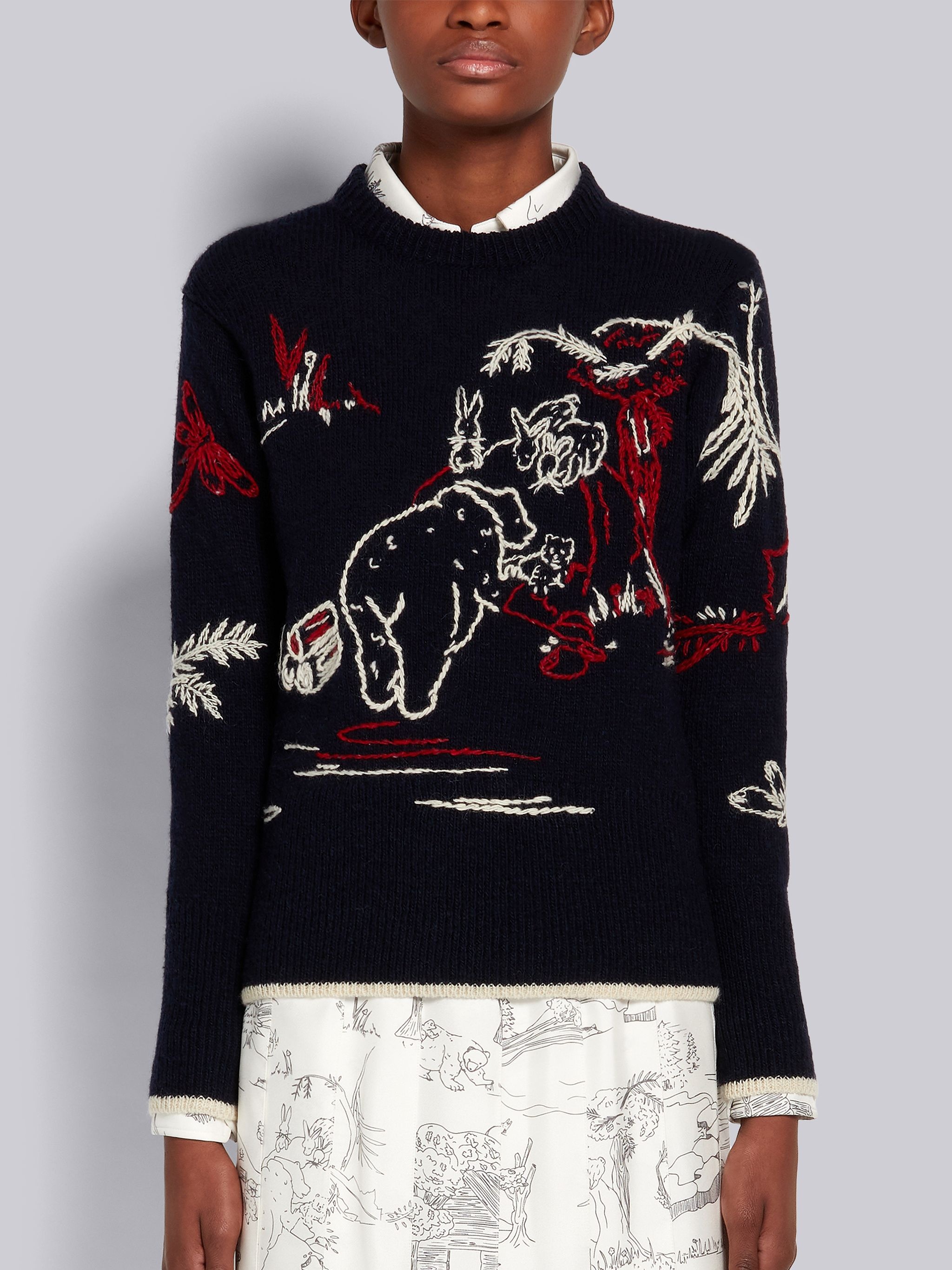 Navy Mohair Tweed Hand Embroidered Bear Scenery Tipping Classic Crew Neck Pullover - 1