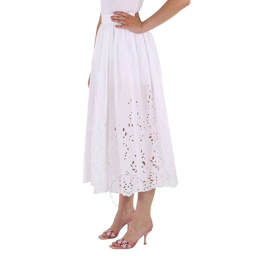 Chloe Ladies White Broderie Anglaise Flared Embroidered Midi Skirt - 5