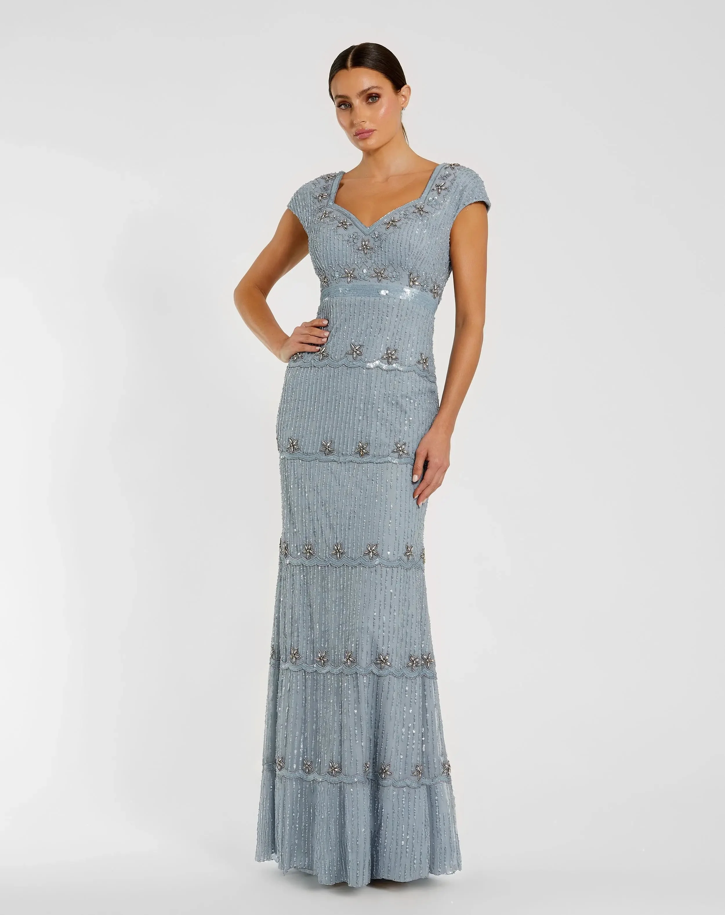 Blue Sequin Cap Sleeve Sweetheart Column Gown - 1