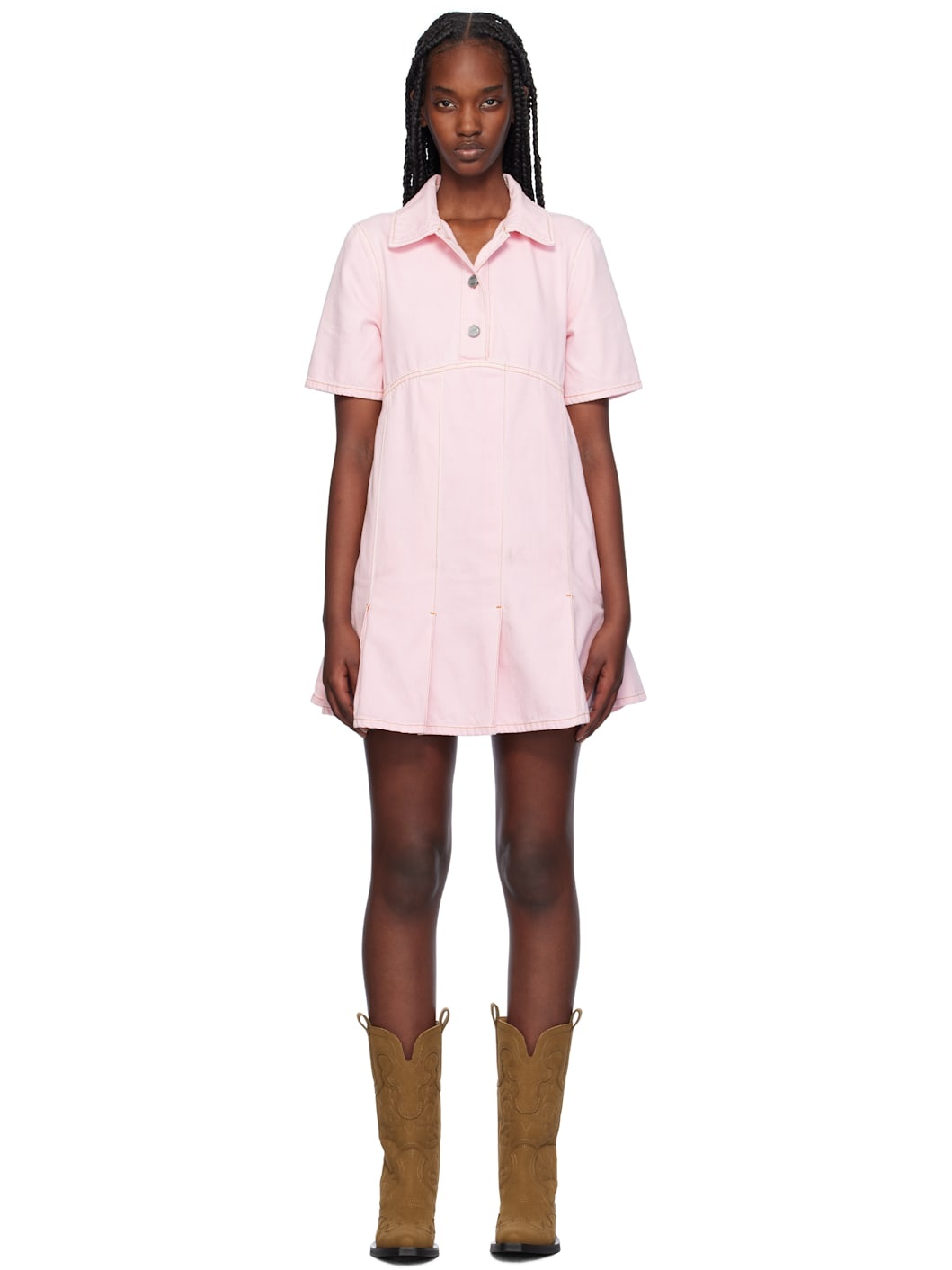 Pink Pleated Denim Minidress - 1