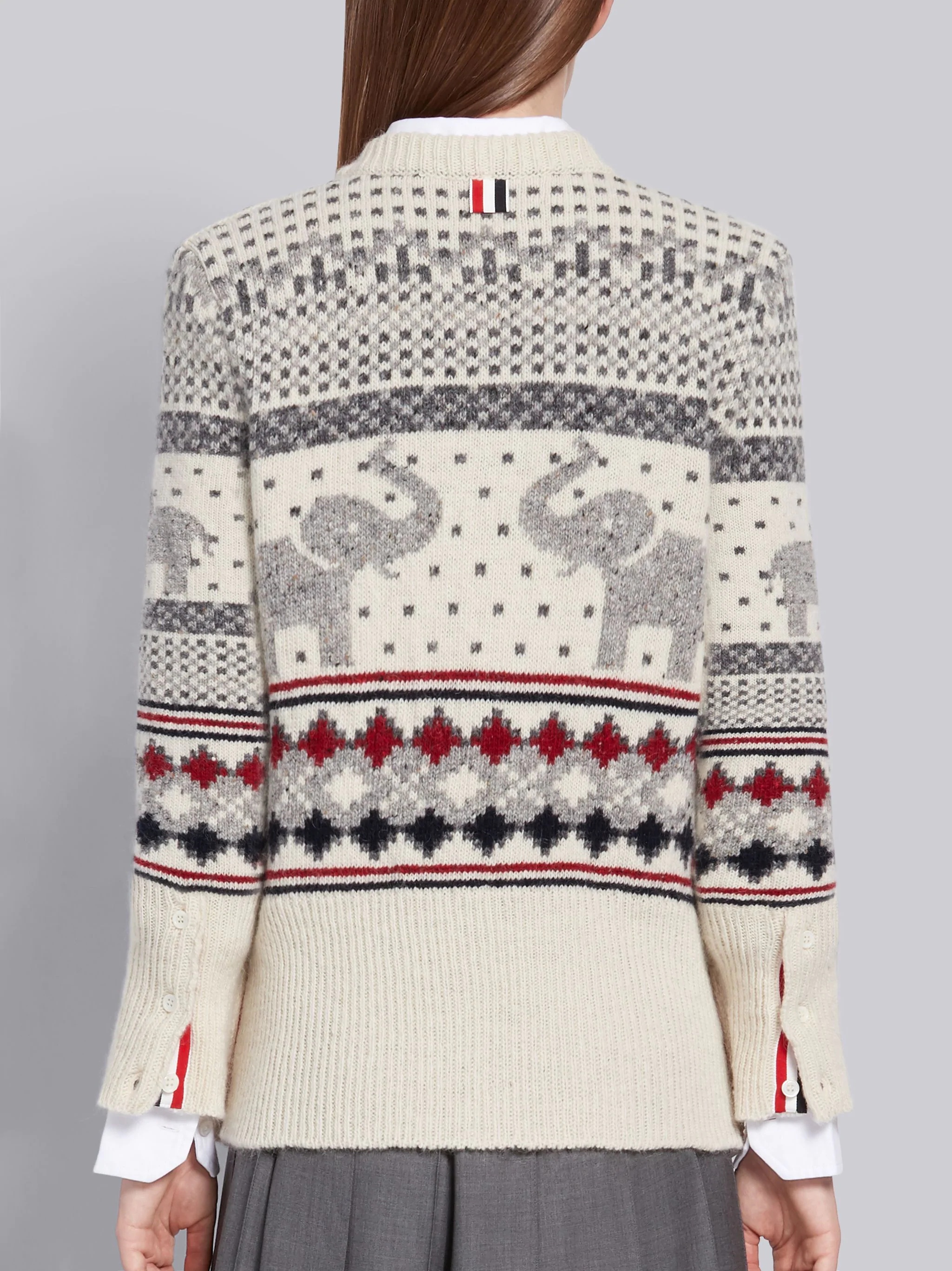 White Mohair Wool Tweed Elephant Icon Fair Isle Crewneck Pullover - 3