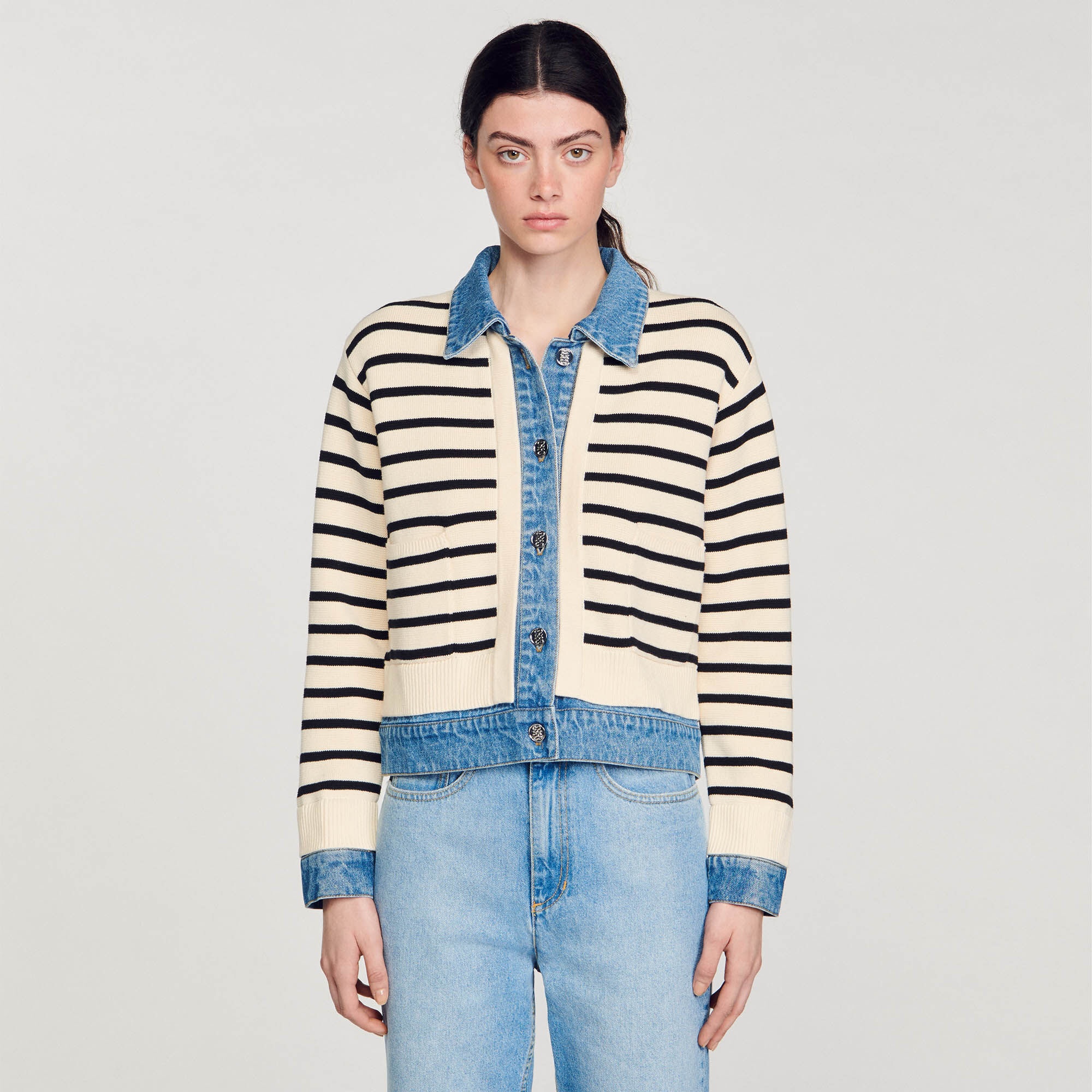 STRIPY KNIT AND DENIM COATIGAN - 5