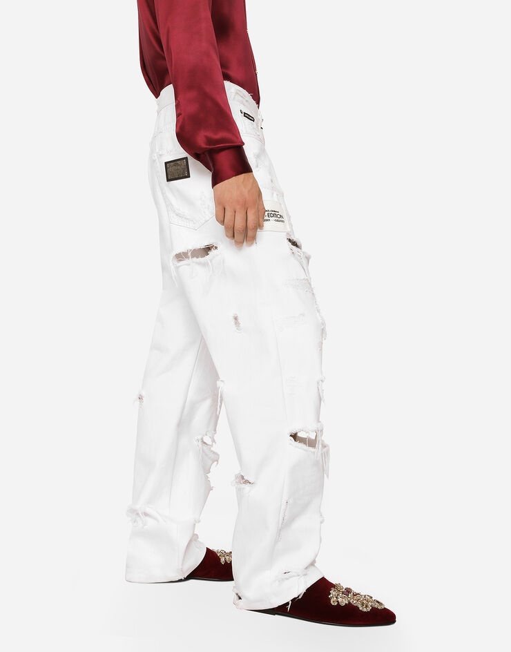 White denim straight-leg jeans with rips - 5