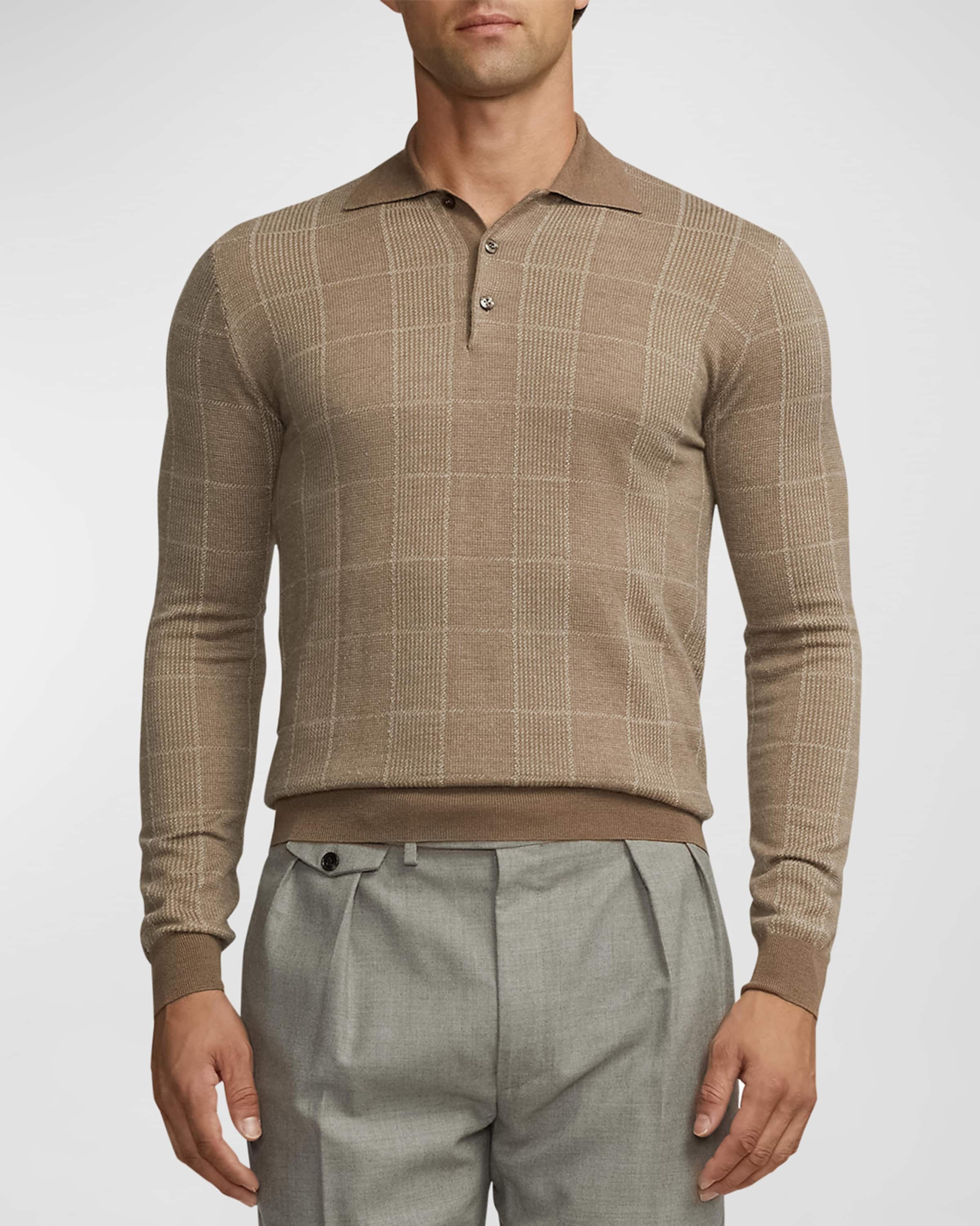 Men's Glen Plaid Cashmere-Silk Polo Sweater - 2