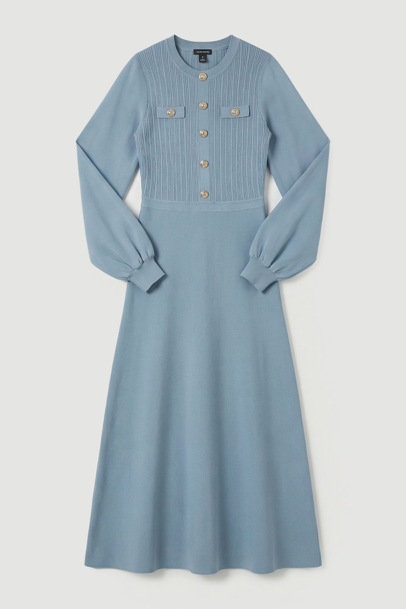 Viscose Blend Maxi Knit Dress With Chiffon Sleeve Military Trim - 1