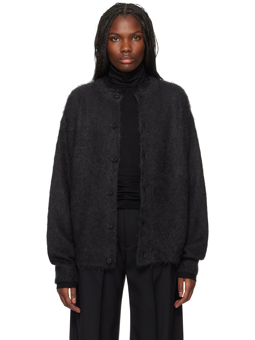 トップス AURALEE MOHAIR CARDIGAN Auralee Kid Mohair Sheer Knit Cardigan in Top Charcoal Curated at