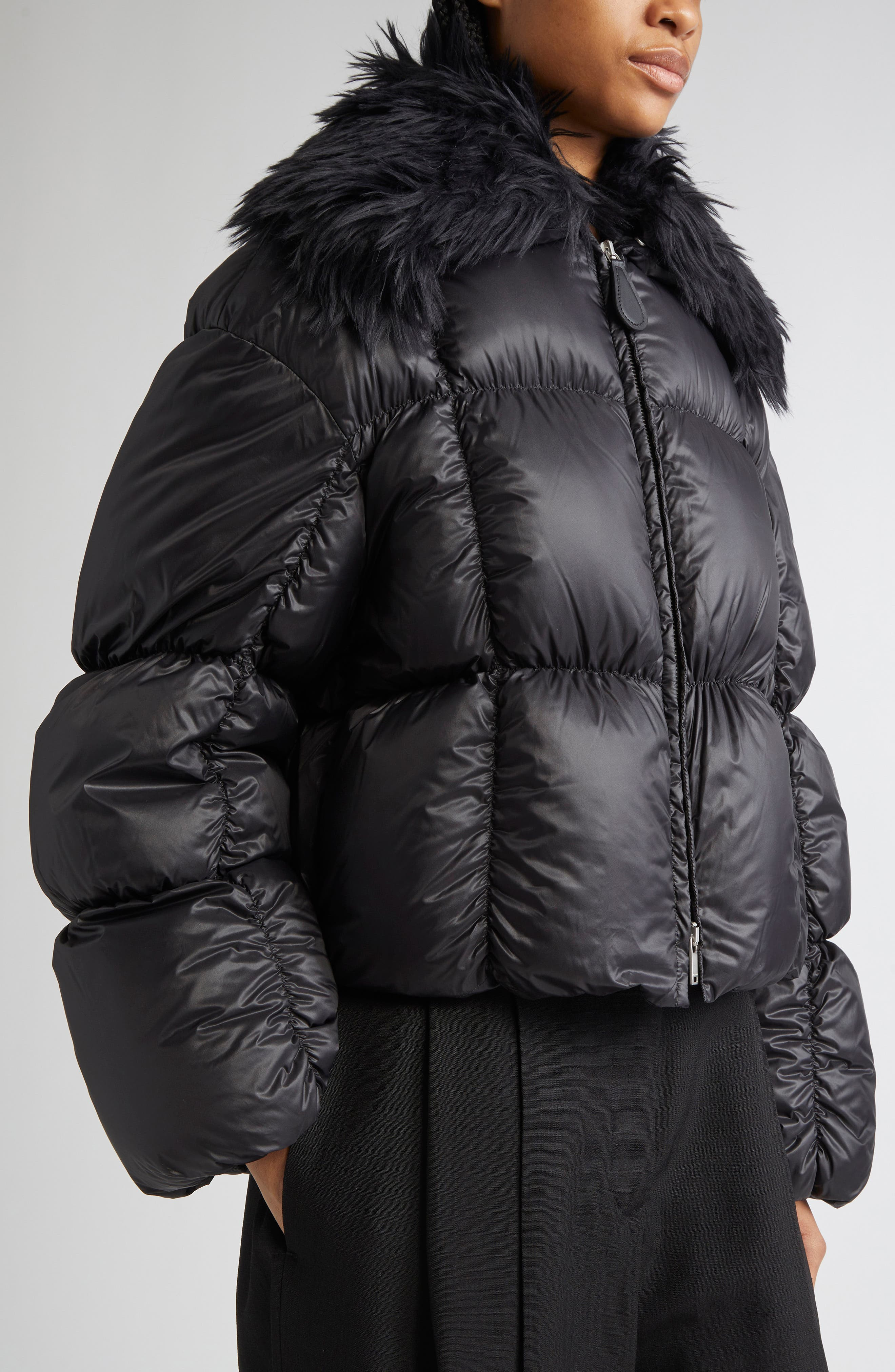 Jil Sander Short Quilted Blosuon Jacket with Deatachable Faux Fur Collar in Black at Nordstrom - 5