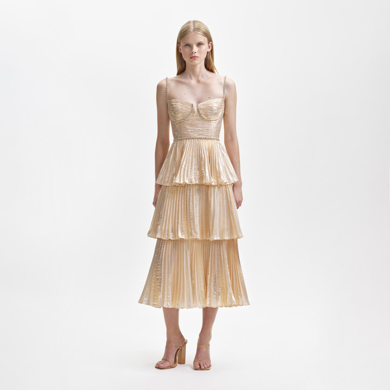 Gold Metallic Tiered Midi Dress 1