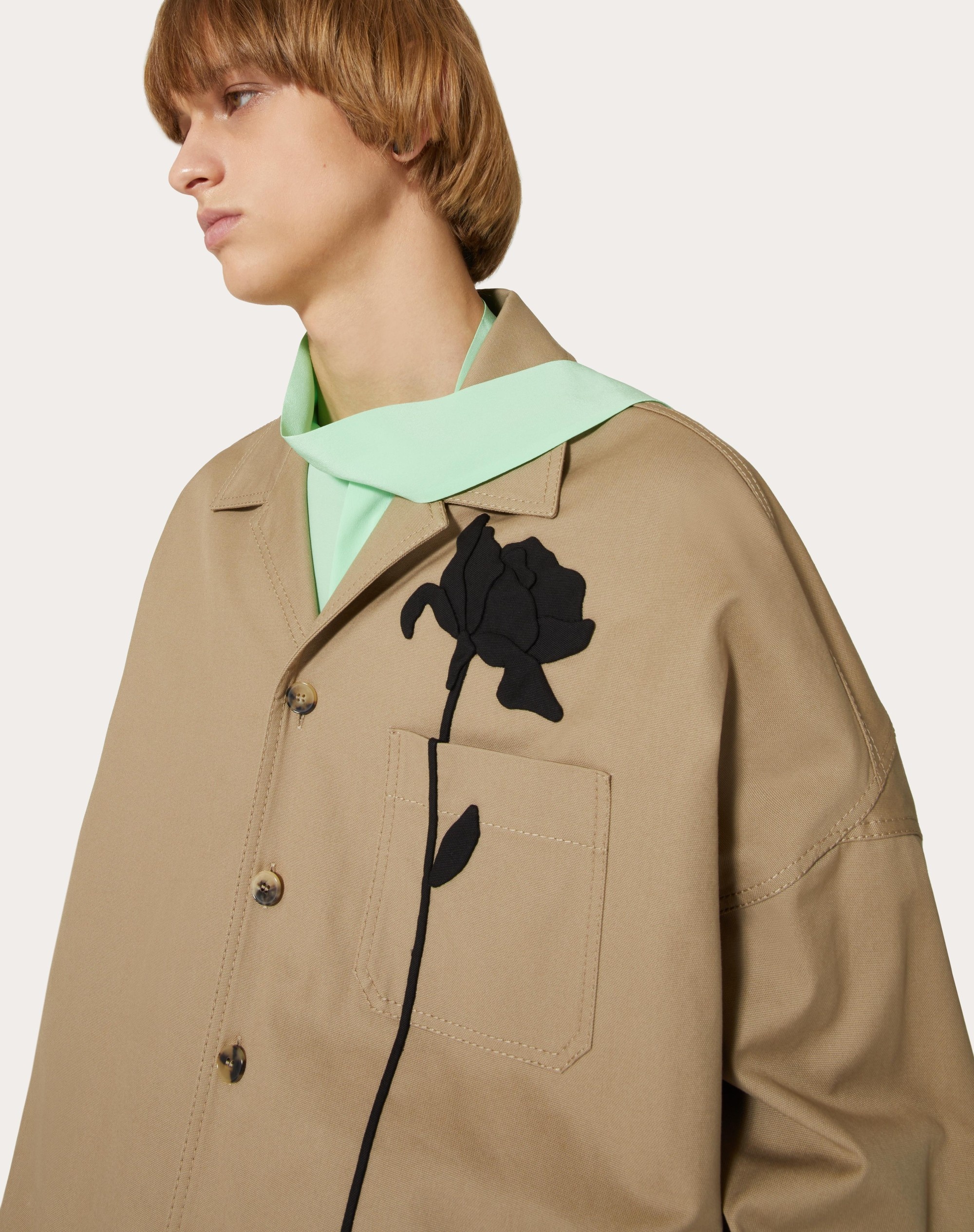 STRETCH COTTON CANVAS SHIRT JACKET WITH FLOWER EMBROIDERY - 5