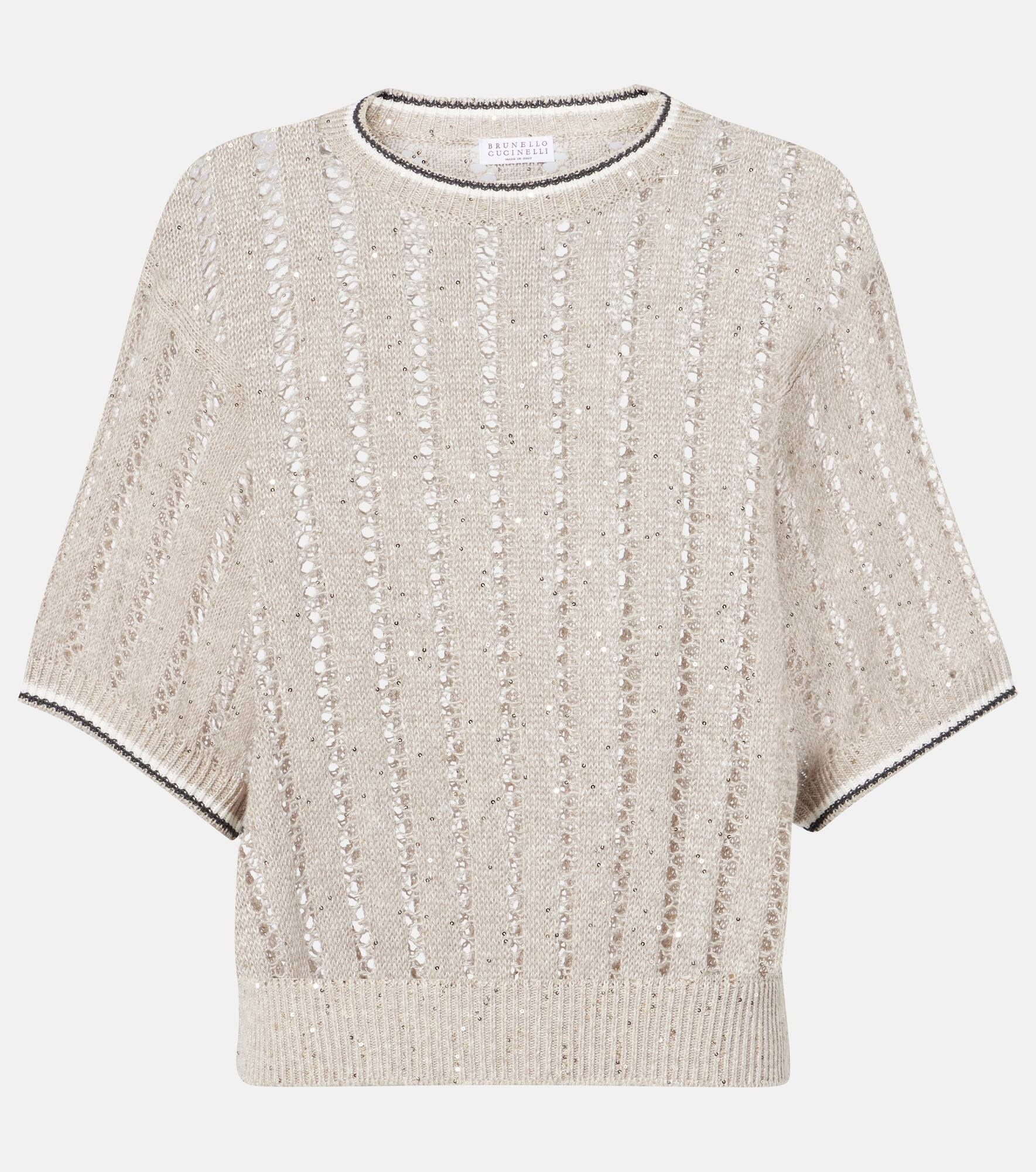Sequined open-knit linen-blend top - 1