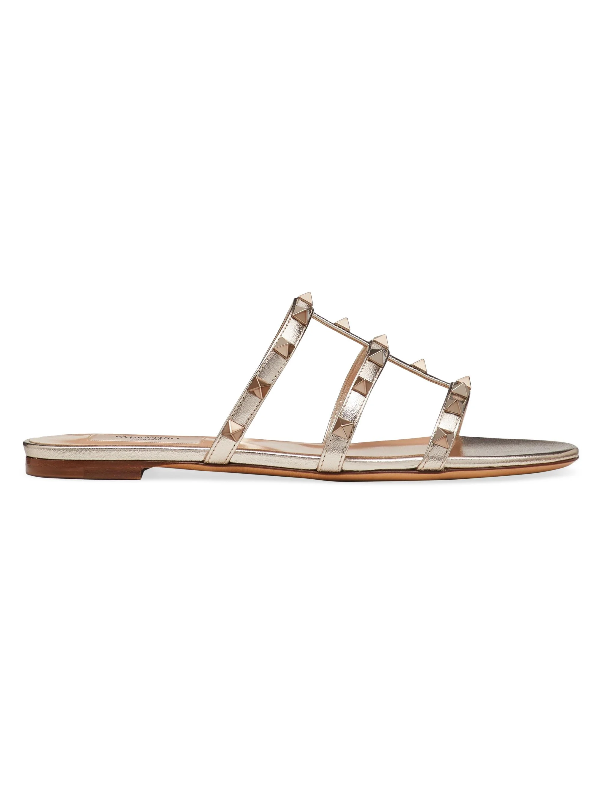 Women's Rockstud Flat Metallic Nappa Slide Sandals - Skin - 1