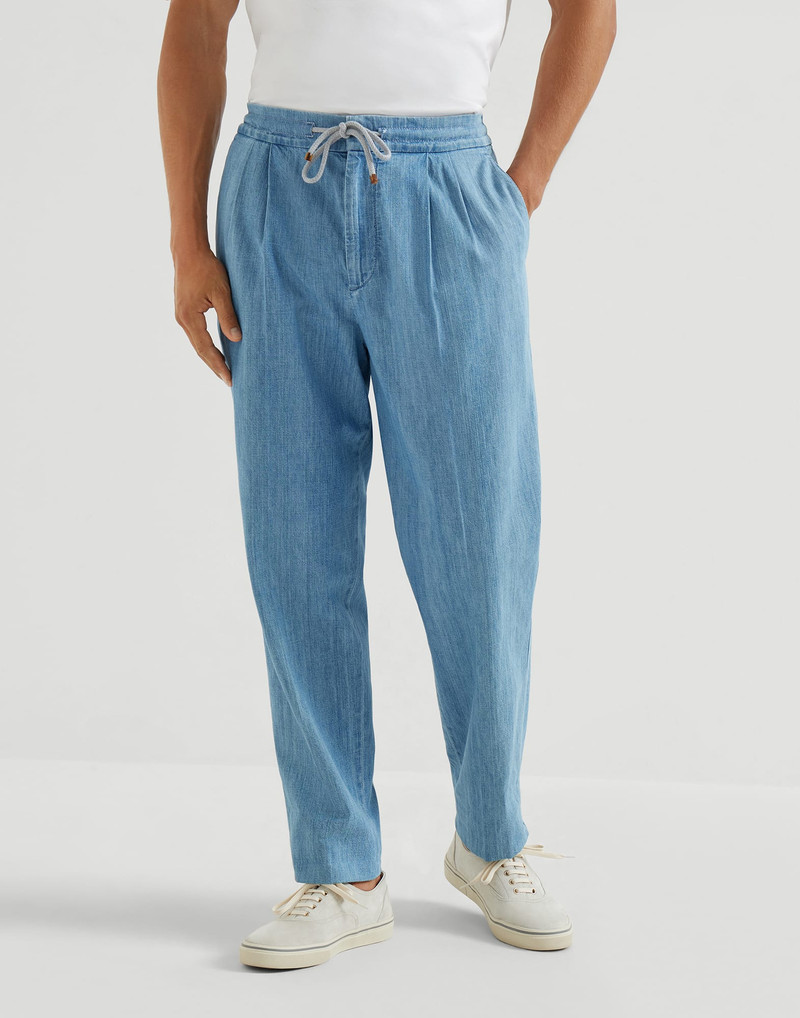 Lightweight denim trousers with drawstring and double pleats 2