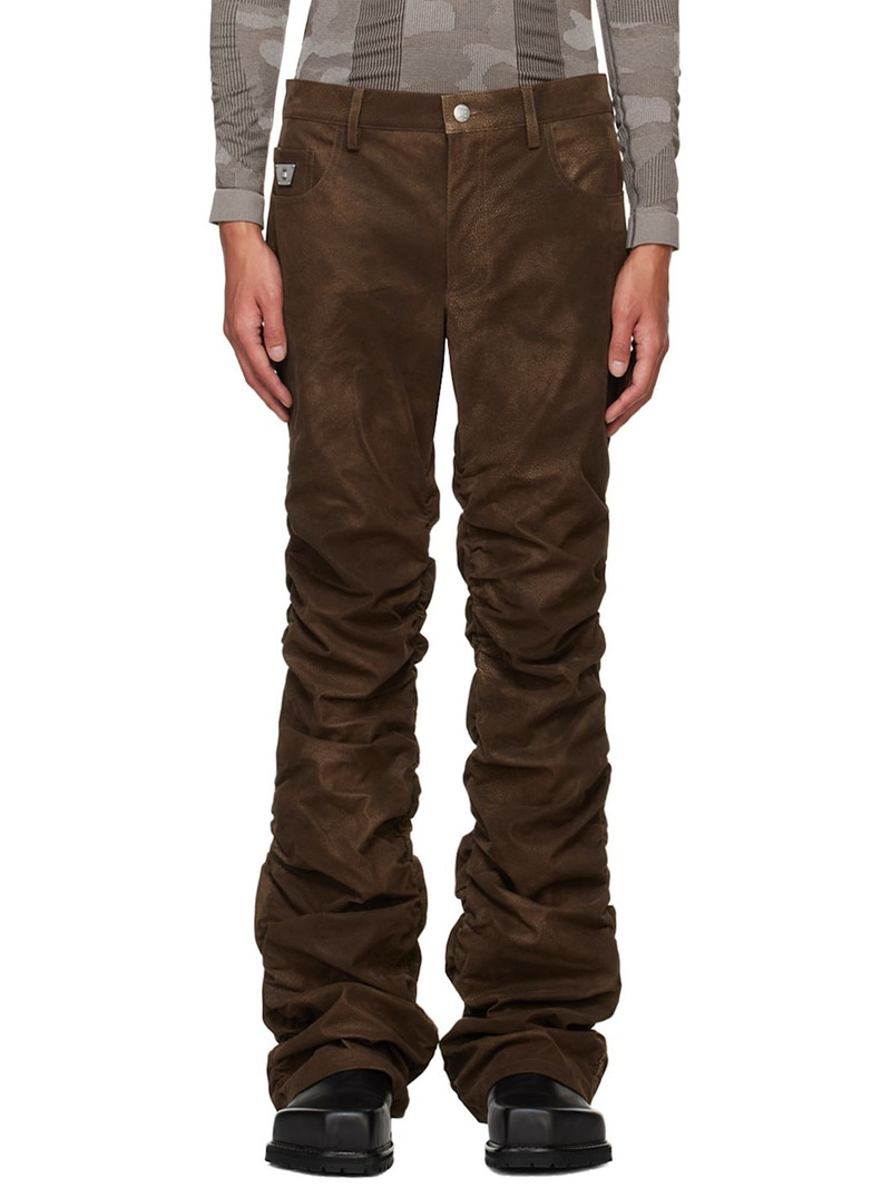 Brown Ruched Faux-Leather Trousers 1