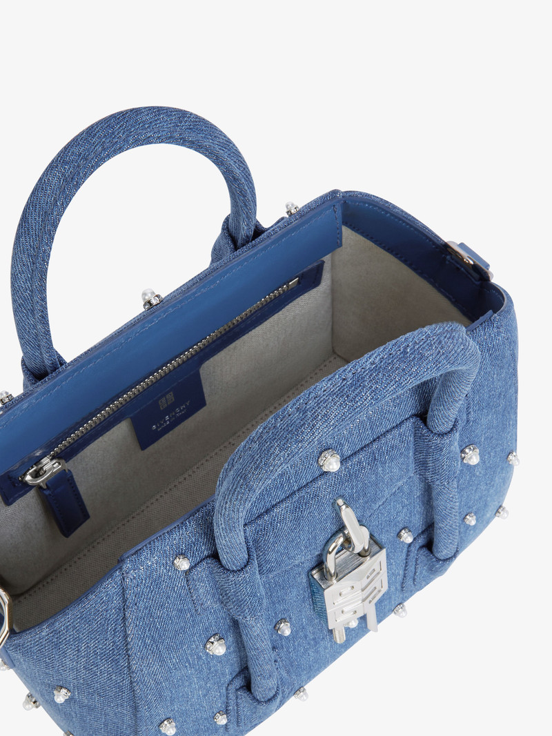 MINI ANTIGONA LOCK BAG IN DENIM WITH PEARLS 5